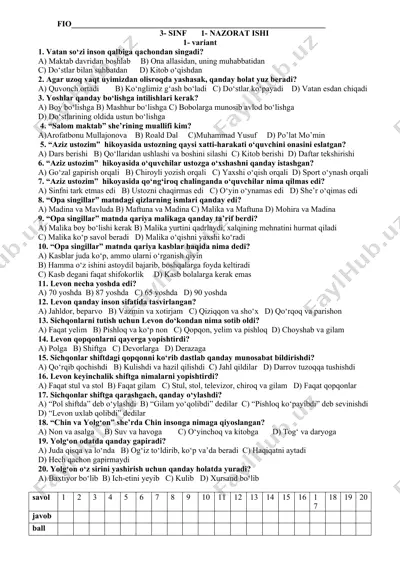 nazorat ishi variant oʻqish 3-sinf — DOCX