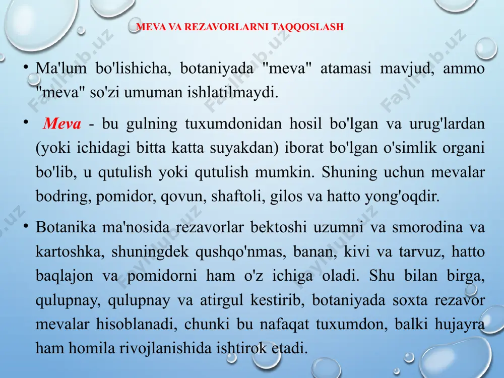'qimalar mavjud. piyoz pishganida sepals, gulbarg va stamensning bazal qismidan hosil bo'lgan gul naycha go'shtga aylanadi va tuxumdon tanasiga bog'lanib, meva hosil qiladi. ba'zida epigony rezavorlari deb tasniflanadigan umumiy mevalar orasida banan, qahva va jins a'zolari ham mavjud vaktsiniy (masalan ko'katlar) va qovoq oilasining a'zolari (masalan, bodring, qovun va qovoq). yangi mevalar. yangi mevalar tuzilishiga ko‘ra urug‘li, danakli, rezavorlar, sitrus mevalar va boshqa guruhlarga bo‘linadi.urug‘li mevalar. ular po‘choqdan meva mag‘zidan va urug‘lar joylashgan besh uyali urug‘ xonasidan iborat. bu guruhga olma, nok va behi kiradi.olma keng tarqalgan urug‘li meva hisoblanadi. olma tarkibida 9% gacha qandlar (fruktoza katta miqdorni tashkil qiladi), 0,2-0,7% organik kislotalar (asosan olma kislotasi), 1,5% gacha pektin moddalar va 5-40 mg% c vitamini, shuning bilan birga azotli va mineral moddalar mavjud. olmaning pektin moddalari jelelovchi xossalarga ega bo‘lib, undan marmelad, pastila, zefir va jele tayyorlashda foydalaniladi. olma pishib etilishi vaqtiga qarab yozgi, kuzgi va qishgi navlarga bo‘linadi. n …