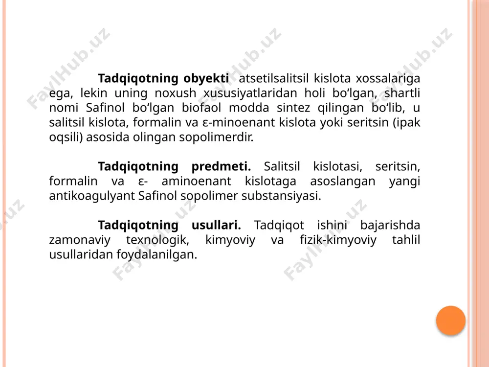 ʻsishining oldini olsa, uchinchi guruhga mansub dori vositalar hosil boʻlgan tiqilmalarni eritadi. [20] keyingi yillarda tomirlarda tiqilmalar hosil boʻlishi haqidagi bilimlarning chuqurlashishi natijasida ularga qarshi qoʻllaniladigan vositalar koʻpaymoqda, davolash va profilaktika usullari kengayib bormoqda. [21] yurak qon tomir xastaliklarining keng tarqalishi va bu xastalikning koʻpchilik hollarda tromboemboliya bilan kechishi bunday ogʻir asoratning kelib chiqish sabablarini oʻrganish, tashxis qoʻyish va uni davolash vositalarini bilish borasidagi tadqiqotlarning keng koʻlamda olib borilishiga sabab boʻlmoqda. [22] tomirlarda qon tiqilmalariga qarshi qoʻllaniladigan moddalar ichida antikoagulyantlar eng koʻp tarqalgan va keng qoʻllaniladigan preparatlar hisoblanadi. bu preparatlar tomirlarda tiqilmalar hosil boʻlishining oldini olish va bor tiqilmalarning oʻsishini toʻxtatish maqsadlarida qoʻllaniladi. [22] seritsin oqsilining spektral va xromotografiya tahlil usullari uv- spektofotometriya tahlil natijalari. seritsin oqsilining miqdorini tahlil etish uchun qo‘llanilgan reaktivlaar standart kalibrovka egri chizig‘i aniqlab olindi va shu kalibrovka orqali seritsinning miqdori aniqlandi. dastlabki olingan seritsinli na‘munaning 250 mkg tarkibida oqsil miqdori 84.56 mkg ni tashkil etmoqda …