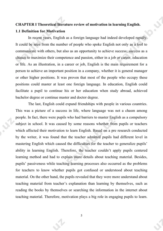 done by munipah in her study "the pupils' motivation in learning english." motivation is a way of creating high level of enthusiasm to reach organizational goals, and this situation is accommodated by satisfying some individual need. basically, motivation refers to achieving organizational main goals by satisfying individual employee’s needs or demands. according to pinder work motivation may be regarded as a set of internal and external forces that initiate work-related behavior, and determine its form, direction, intensity and duration. the concept relates to the work context specifically, and includes the influence on work behavior of both environmental forces, and those inherent in the person. in the workplace, work motivation presents as an invisible, personal and hypothetical construct that manifests itself in the form of observable, and therefore measurable, behaviors. improving productivity is one big challenge that engages the attention of employers, whether private or public by devising appropriate mechanism for …