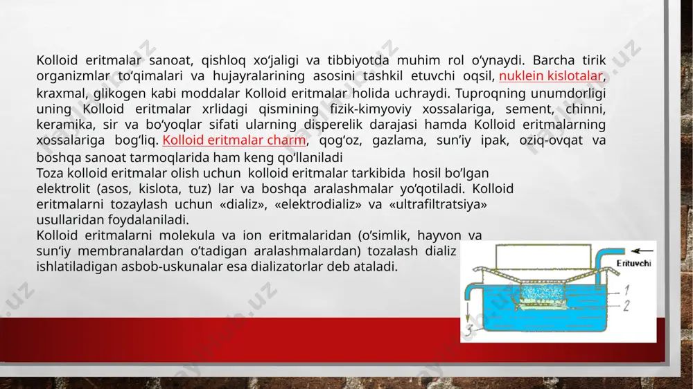 orezidir. dorivor-davolash elektroforezi bu elektrofarmakologik usul bo`lib, uning asosida doimiy tok yordamida organizmga kiritiladigan dorivor moddaning organizmga kompleks ta’siri yotadi. ko‘pchilik to‘qimalar sirti zaryadlangan bo‘lib, harakatchan diffuzion qavatda kationlar yig`iladi, va doimiy tok (o‘tkazganda) berilganda diffuzion qavat ionlari gidratlangan suv molekulalari bilan birga katodga tomon harakatlanadi. ana shu harakat tufayli katod osti yumshalishi, anod ostida bo‘lsa hujayralarning yig‘ilishi kuzatiladi. hozirgi paytda ana shu hodisa xirurgiya va onkologiya tajribasida qo‘llanilyapdi. elektroforez usullari. dorivor moddalarni doimiy tok ta’sirida organizmga kiritishning bir qancha usullari mavjuddir. dorivor moddalarning eritmadan bo‘lgan elektroforezi. bunda maxsus matolar dorivor modda eritmasiga botirilib elektrod bilan tana orasiga qo`yiladi. bundan tashqari elektroforezning quyidagi usullari farqlanadi. 1) nazal elektroforez 2) vakuum elektroforez 3) induktotermoelektroforez 4) elektrofonoforez 5) aeroelektroforez nazal elektroforezda burunning shilliq qavatida elektroforez o‘tkaziladi. yiring tutgan holatlarda vakuum sharoitida olib boriladigan vakuum elektroforez ishlatiladi. vakuum elektroforezda, oddiy elektroforezga nisbatan, 3-5 marta dorivor moddaning yig`ilishiga erishish mumkin. induktotermoelektroforez. dorivor davolash elektroforezi …