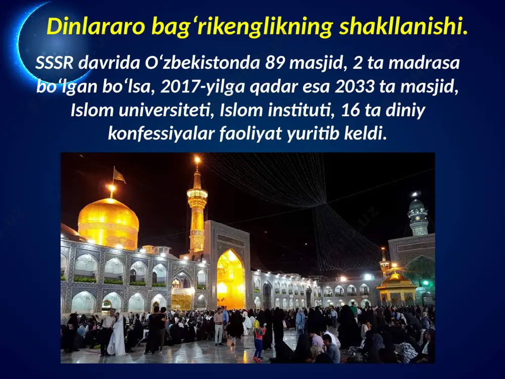 ‘rta maxsus islom bilim yurti, pravoslav va protestant seminariyalari faoliyat olib bormoqda. toshkentdagi minor masjidi 1999-yilda o‘zbekiston respublikasi birinchi prezidenti islom karimovning tashabbusi bilan markaziy osiyoda yagona bo‘lgan toshkent islom universitetiga asos solindi. prezidentning 2017-yil 27-martdagi “o‘zbekiston respublikasi vazirlar mahkamasi huzurida imom buxoriy xalqaro ilmiy-tadqiqot markazini tashkil etish chora-tadbirlari to‘g‘risida”gi qaroriga muvofiq samarqandda ilmiy-tadqiqot markazi tashkil etildi. toshkentda islom madaniyati markazi hamda prezidentning 2017-yil 15-dekabrdagi farmoni asosida o‘zbekiston islom akademiyasi tashkil etildi. savol va topshiriqlar: 1. bugungi kunda o‘zbekistonda qancha diniy tashkilotlar mavjud? 2. konfessiyalararo munosabatlar deganda nimani tushundingiz? 3. diniy bag‘rikenglikni kafolatlaydigan huquqiy-me’yoriy hujjatlarni sanab bering. 4. diniy bag‘rikenglik tamoyillarini aytib bering. image2.png image3.jpeg image4.jpg image5.jpeg image6.jpg image7.jpg image8.jpeg image9.jpeg image10.jpeg image11.png image12.jpeg image13.jpeg image14.jpeg image15.jpeg image16.jpeg image1.png /docprops/thumbnail.jpeg