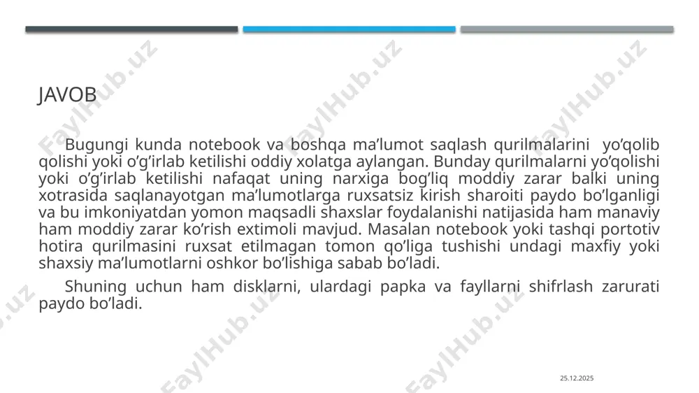 yozish mumkinligini ko'rsatadi. demak, operatsion tizim diskdagi ushbu maydonni yangi ma'lumot bilan qayta yozmaguncha, faylingiz diskda to'liq saqlanadi. bu juda uzoq vaqt, ehtimol bir necha oy davom etishi mumkin va bu saqlanish muddati quyiadgilarga bog’liq: qattiq diskingizning umumiy hajmiga; shaxsiy kompyuteringizdan qanday foydalanayotganingizga o’chirilga ma’lumot qanday diskda ekanligiga bog'liq. masalan, operatsion tizim (ot) joylashgan diskda (odatda c:\) o’chiqilgan ma’lumotlar maydoniga yangi ma’lumot bir necha daqiqadan so'ng yozilishi mumkin. chunki windows operatsion tizimi ish paytida diskka doimiy ravishda yangidan yangi vaqtinchalik ma'lumotlarni yozadi: tizim keshi, dastur va ilovalar keshi, veb-kesh va boshqalar. tiklash yuqorida standart usulda o’chirilgan ma’lumotlarni tiklash imkoniyatini ko'rib chiqaylik. buning uchun maxsus dasturlar mavjud. masalan ntfswalker dasturidan foydalanib, biz qattiq diskdagi istalgan ntfs bo'limini skanerlaymiz. chap ustunda dastur diskda topa olgan fayllar ro'yxati ko'rsatilgan. qizil "x“ belgili qatorlar to'liq yoki qisman ustiga yangi ma’lumot yozilgan o’chirilgan ma’lumotlar manzillarini bildiradi, oddiy piktogrammali qatorlar esa tizim hali ustiga yangi ma’lumot …