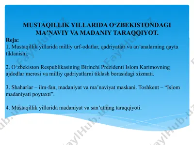 mustaqillik yillarida o‘zbekistondagi maʼnaviy va madaniy taraqqiyot — PPTX