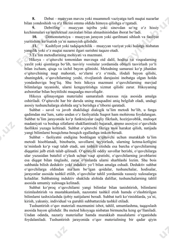 ner & metcalf) 1. ta’limiy o‘yinlar yoki raqobatchilik – raqobat orqali yoki o‘yin orqali qaysi guruh yoki alohida olingan shaxsning boshqalardan ustunroq ekanligini anglashga yordam beradi. komyuterli o‘yinlar ham juda mashxurdir. 2. brainstorming – ijodiy fikrlarni to‘plash uchun o‘tkaziladi,bunda ishtirokchilar tanqid va kesatiqlarsiz muayyan muammo yuzasidan o‘z fikrlarini ochiq oydin bayon etadilar va ushbu muammoning yechimini izlaydilar. masalan o‘quvchilarga dunyodagi ocharchilik muammosi haqida fikr bildirish vazifa qilib topshirilsa o‘quvchilar o‘z fikr mulohazalarini birin – ketin aytadilar, hamma fikrlar qayd etib olinganidan so‘ng ushbu muammo bilan kurashish usullarining eng maqbul variantlari ko‘rib chiqiladi. 3. case studi-case ta’limi turida 1 ta talaba yoki odatda bir guruh talabalar biror sodir bo‘lgan voqea yoki ma’lum vaziyatni tafsilotini namoyish etadilar. keyin ular biror bir aniq va to‘g‘ri fikrga kelishdan oldin, shu vaziyatni muhokama va o‘rganish un yig‘ilgan bilim va tushunchalarni amalda qo‘llashlari talab qilinadi. tehnologiya bilan ta’minlangan case ta’limi odatda tibbiyot ta’limida qo‘l keladi/foydalaniladi. bunda …