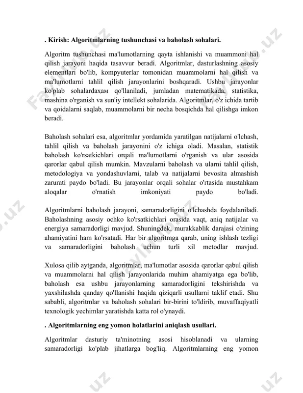 ni optimallashtirishga harakat qiladilar va eng yomon holatlarni aniqlash ularga to'g'ri strategiyalarni ishlab chiqishda yordam beradi. shuningdek, samarali algoritm tanlash orqali dasturiy ta'minotning sifatini oshirish va tizimlarning ishlashini tezlashtirish mumkin. . o‘rtacha holat baholash metodologiyasi. o‘rtacha holat baholash metodologiyasi, algoritmlarni baholash uchun muhim bir yondashuvdir. bu metodologiya, algoritmning samaradorligini tasodifiy kirish ma'lumotlari asosida o‘rganishda qo‘llaniladi. algoritmlar, eng yomon holat va eng yaxshi holat baholanishining o‘rtasida turli xil vaziyatlarda ishlash qobiliyatiga egadirlar. o‘rtacha holat baholash, bu muammolarni hal qilish jarayonida asosiy jamoatchilik tomonidan e'tiborga olinishi kerak bo‘lgan muhim fikrlarni taqdim etadi. o‘rtacha holat baholash metodologiyasi ma'lum qoidalar asosida ishlab chiqilgan. bunda, kiritilayotgan ma'lumotlar jumlasidagi barcha imkoniyatlarni ko‘rib chiqish va ularning ta'sirini baholash katta ahamiyatga ega. o‘rtacha baholashni amalga oshirishda, har bir kirish ma'lumotining ehtimollik taqsimoti belgilanishi kerak. bu esa o‘rtacha holat natijalarini olish uchun zarur bo‘lgan statistik ma'lumotlarni taqdim etadi. o‘rtacha holat baholashda, odatda, asimptotik tahlil usullari qo‘llaniladi. bu usul bilan …