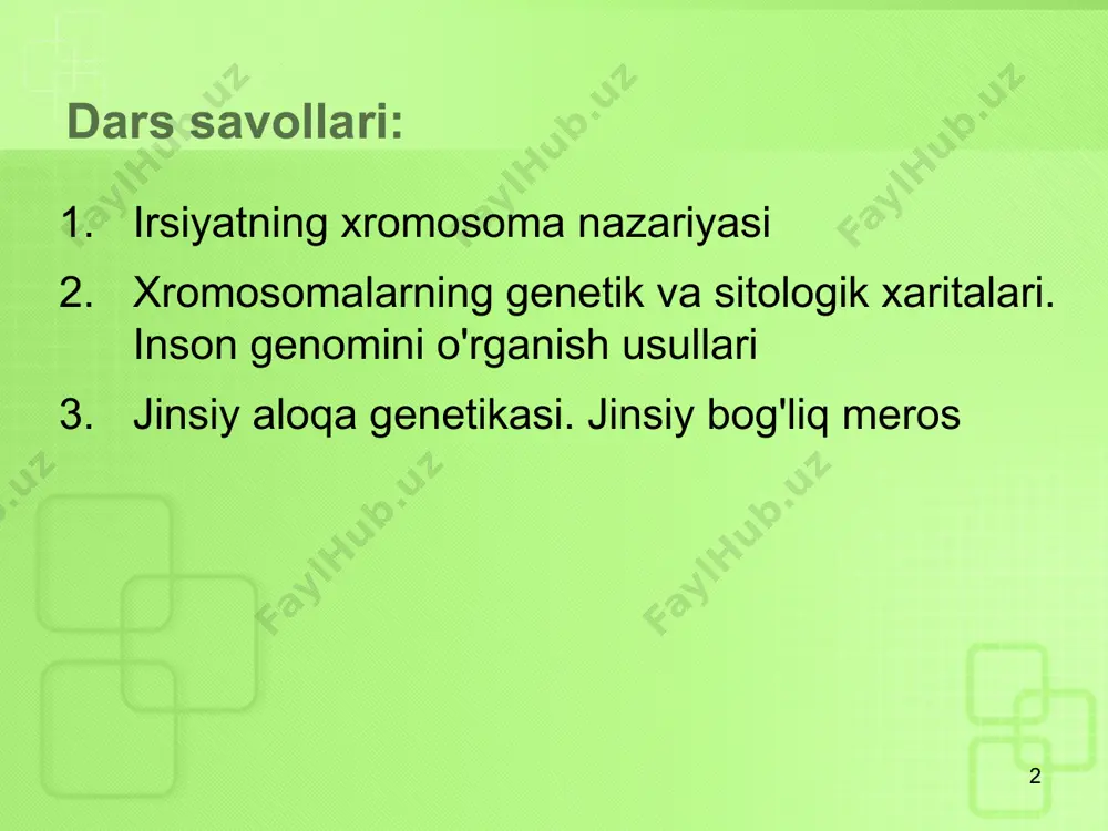 hun taklif qilingan. 8 xromosomalarning irsiy ma'lumotni uzatishdagi roli quyidagilar tufayli isbotlangan: xromosomalar soniga mos keladigan belgilarning bog'lanish guruhlarini aniqlash xromosomalarning genetik va keyin sitologik xaritalarini qurish jinsni genetik aniqlashning kashfiyoti 9 mendel qonunlarining xromosomalarning xulq-atvoriga mos kelishi g.mendel belgilar jinsiy hujayralarda joylashgan alohida “omillar” sifatida avloddan-avlodga o‘tadi, deb hisoblagan . g. mendel bu omillarning hujayralardagi joylashuvini bilmas edi , chunki o'sha paytdan beri xromosomalarning mavjudligi ma'lum emas edi ko'payish jarayonida yadroning roli noma'lum edi mitoz va meioz jarayonlari kashf etilmagan 10 20- asr boshlariga kelib . xromosoma xatti-harakatlarini chuqur o'rganish hujayra bo'linishi paytida, jinsiy hujayralarning pishib etish davrida, urug'lantirish paytida va embrionning erta rivojlanishi ularning tashkilotida qat'iy muntazam o'zgarishlarni aniqladi 11 bu nemis sitologi va embriologi teodorga olib keldi boveri (1902-1907) va amerikalik sitolog uolter sutton (1902-1903) irsiyatning xromosoma nazariyasining 12 12 boveri teodor (10.12.1862, bamberg, - 10.15.1915, vyurtsburg), nemis sitologi va embriologi. würzburg universiteti professori. u (1887 yildan) …