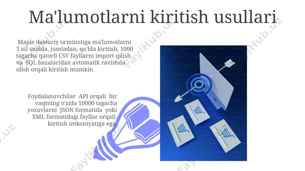 egratsiyalash mumkin, bu esa foydalanuvchilarga maxsus funksiyalar va hisobotlar yaratish imkonini beradi. texnik qo'llab-quvvatlash va hujjatlar hujjatlar bo'limida 100 dan ortiq qo'llanma, video darslik va tez-tez beriladigan savollarga javoblar mavjud bo'lib, foydalanuvchilarning 90% muammolarini hal qilishga yordam beradi. texnik qo'llab-quvvatlash guruhi 5 kishidan iborat bo'lib, o'rtacha javob berish vaqti 1 soatdan kamni tashkil etadi, shuningdek, muammolarni masofadan turib hal qilish imkoniyati mavjud. dastur sozlamalari 01 02 dastur sozlamalarida foydalanuvchi interfeysining 3 ta asosiy mavzusi – umumiy sozlamalar, ko'rinish sozlamalari va xavfsizlik sozlamalari – mavjud bo'lib, har biri 10 dan ortiq parametrlarni o'z ichiga oladi. sales 1st qtr 2nd qtr 100 0 sales 1st qtr 2nd qtr 100 0 grafiklarni yaratish va tahlil qilish maple, grafiklarni interaktiv ravishda tahlil qilish vositalarini, shu jumladan, zoom, pan va aniq nuqtalar koordinatalarini aniqlash funksiyalarini taklif etadi, bu esa tahlil ishlarini tezlashtiradi. maple, 2d va 3d grafiklarni yaratish, tahlil qilish va eksport qilish imkoniyatlarini taqdim …