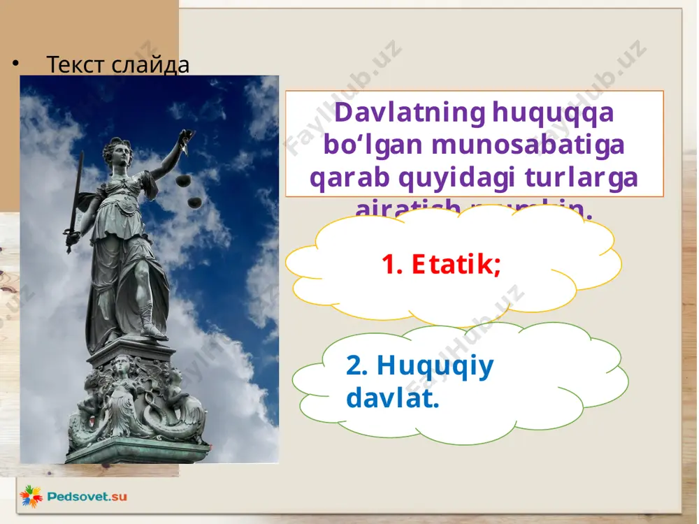 . 5. hokimiyat vakolatlarining taqsimlanishi. davlat hokimiyati: qonun chiqaruvchi, ijro etuvchi va sud hokimiyatlariga bo‘ li nadi. davlat hokimiyati vakolatlari mana shu uchala hokimiyat o‘rtasida taqsimlanadi. 8. yuqori darajadagi huquqiy madaniyat. huquqiy madaniyat amaldagi qonunlarni bilish, ularni hurmat qilish va ular ga rioya qilishda namoyon bo‘ladi. 7.huquqni muhofaza qilish mexanizmining samarali ishlashi. ular inson huquq va erkinliklarini lozim darajada himoya qilishi kerak. 9. demokratiyaning rivojlanganligi va takomillashganligi. xalq davlat boshqaruvida qatnashadi, siyosiy huquqlar va erkinliklar kafolatlanadi. – huquqning barcha subyektlari, shu jumladan, davlat organlari, mansabdor shaxslar va oddiy fuqarolar qonunlarga qat’iy rioya etishlari; – fuqaro va davlatning qonunlar doirasida bir-birlari oldida o‘zaro mas’ulligi; – siyosiy, mafkuraviy va iqtisodiy ko‘p fi krlilik davlat tomonidan qonuniylashtirilganligi va kafolatlanganligi; – fuqorolarning huquq va erkinliklarining ta’minlanganligi huquqiy davlatning afzalliklaridandir. xulosa qilib aytadigan bo‘lsak: mana shuning uchun ham jahonning eng ilg‘or mamlakatlarida huquqiy davlat barpo qilish ustuvor vazifa qilib qo‘yilgandir. davlatning uchinchi oraliq turi ham …