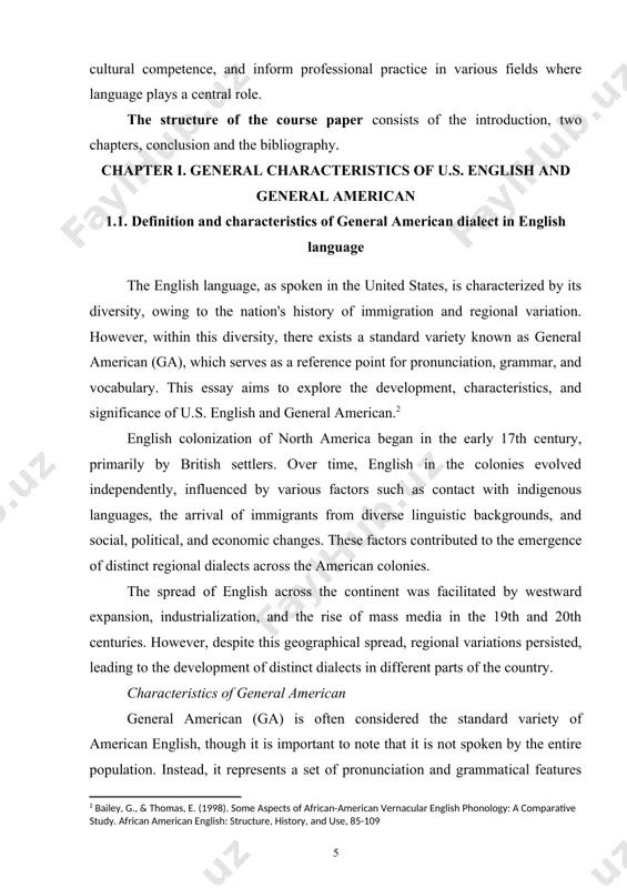 e same. 3. consonant features: ga typically exhibits certain consonant features, such as the flapping of intervocalic /t/ and /d/ sounds (e.g., in words like "butter" and "water"), and the absence of certain consonant mergers found in other dialects. 4. grammar and vocabulary: while ga does not differ significantly from other varieties of american english in terms of grammar and vocabulary, it is often associated with a more conservative usage, avoiding certain colloquialisms and slang terms. despite the existence of general american as a standard variety, regional variation remains a prominent feature of american english. the united states is home to numerous distinct dialects, each influenced by factors such as geography, settlement history, immigration patterns, and social factors.[footnoteref:3] [3: bailey, g., & thomas, e. (1998). some aspects of african-american vernacular english phonology: a comparative study. african american english: structure, history, and use, 85-109] some well-known regional dialects include: 1. southern …