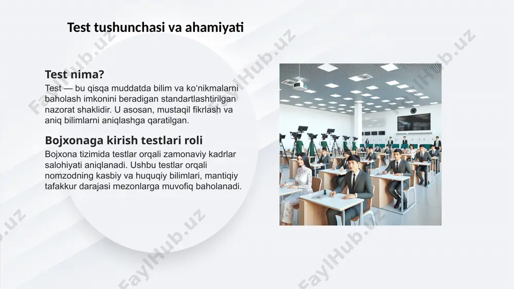 ajratilishini oldindan rejalashtirish samaradorlikni oshiradi. bu jarayon tayyorlanayotganlar uchun psixologik barqarorlik va ishonch beradi. test topshirishda tezkorlik testni muvaffaqiyatli topshirishda tez va to‘g‘ri qaror qabul qilish zarur. xatoliklarni minimallashtirish uchun, har bir savolga qisqa muddatda to‘g‘ri javob topish mahoratini shakllantirish muhim. boshlanishda oddiy savollarni tez yechib, murakkab savollarga ko‘proq vaqt ajratish tavsiya etiladi. savollar ustida mulohaza yuritishdan qo‘rqmaslik va tezkor tahlil qilish muhim jarayonlardan biridir. soatlar, taymerlar va bo‘limlar bo‘yicha vaqt sarfini nazorat qiluvchi maxsus vositalardan foydalanish test topshirish samaradorligini oshiradi. test jarayonida asabiylikni kamaytirish uchun qisqa nafas olish mashqlari va diqqatni jamlash usullari foydalidir. bu nomzodga motivatsion va psixologik barqarorlik bag‘ishlaydi. boshidan oxirigacha bir nechta test topshirish tajriba hosil qiladi va tezlik bilan birga aniqlikni oshiradi. har safar o‘z xatolarini ko‘rib chiqish orqali o‘z ustida ishlash mumkin. test natijalarini tahlil qilish natijalarni tahlil qilish zaruriyati test natijalarini sinchiklab ko‘rib chiqish har bir nomzod uchun o‘z bilimlarini baholash va yaxshilashga …