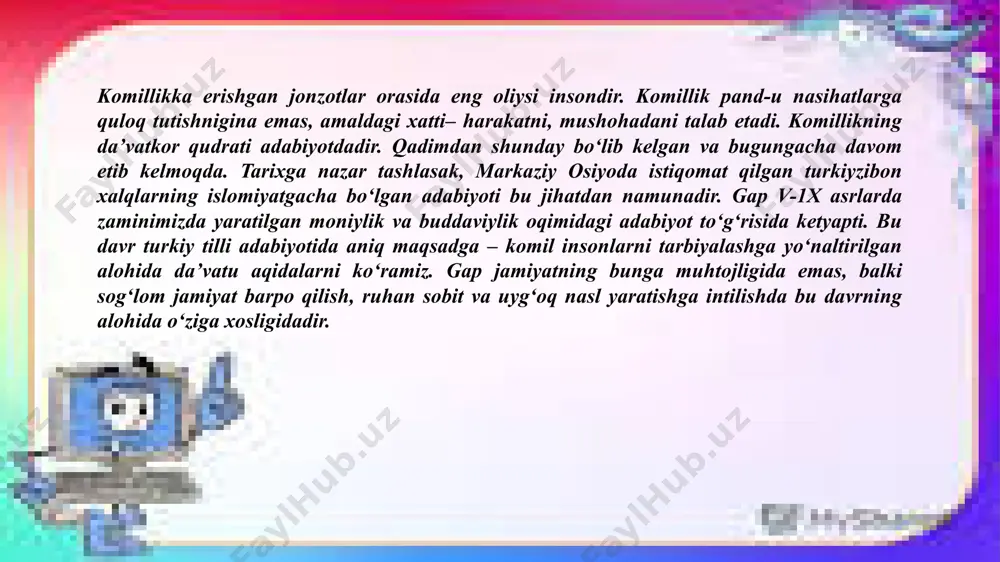 ishlatishdan voz kechaman. 9. baland o‘rindiqlarda o‘tirishdan, qalin to‘shakda yotishdan voz kechaman. 10. oltin va kumushdan foydalanmayman. e’tiboringiz uchun rahmat! image1.jpeg image2.jpeg image3.jpeg image4.gif