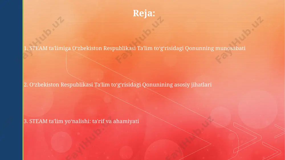 ining bandlik darajasi va ularning kasbiy faoliyatidagi muvaffaqiyatlari, masalan, 90% dan yuqori ish bilan bandlik ko'rsatkichi, samaradorlikni aniqlashda ishlatiladi. muhokama va savollar “muhokama va savollar” boʻlimi oʻquvchilarning 20% dan ortigʻi faol ishtirok etadigan interaktiv muhit yaratishga qaratilgan boʻlib, fikr almashinuvi va muammolarni hal qilish koʻnikmalarini rivojlantiradi. ta'lim dasturida “muhokama va savollar”ga ajratilgan vaqt kamida 15% ni tashkil qilib, turli fanlar boʻyicha savol-javoblar, munozaralar va loyihalarni oʻz ichiga oladi. stem ta’limini rivojlantirish boʻyicha davlat siyosati davlat siyosati doirasida stem fanlari boʻyicha oliy ta’lim muassasalarining soni 2025 yilga kelib 20% ga oshirish, shu bilan birga, talabalar sonini ikki baravar koʻpaytirish rejalashtirilgan. stem ta’limi dasturlarining sifatini oshirish maqsadida, xalqaro standartlarga moslashtirilgan 50 dan ortiq yangi oʻquv dasturlari va qoʻllanmalar ishlab chiqilishi va joriy etilishi kutilmoqda. stem ta’limiga kirish oʻzbekiston respublikasining “ta’lim toʻgʻrisida”gi qonunida stem ta’limiga oid 5 dan ortiq modda mavjud boʻlib, ular maktabgacha ta’limdan oliy ta’limgacha boʻlgan barcha bosqichlarda stem fanlarini rivojlantirishga …
