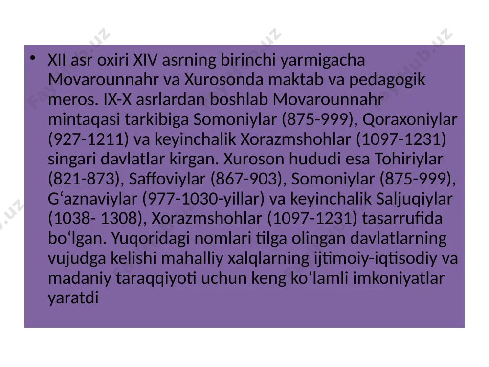 va uning xizmatkori»deb nomlangan risola diqqatga sazovordir, unda xusrav i (531-79) uchun asl nasabdan chiqqan yosh dabir (kotib)ning dabiristonda ta’lim olgan mavzular ro‘yxati keltirilgan»13. ix-x asrlarda ularning islomga oid o‘quv dasturlari, ehtimol, sosoniylar davridagi odatiy o‘quv dasturlaridan unchalik farq qilmagan. keyinchalik arablar istilosi, arablashtirish siyosati ostida dabiriston - fors-tojik boshlang‘ich maktabi yoki «yozuvchilar joyi», qur’on o‘qiydiganlarni va nusxa ko‘chiruvchilarni tayyorlaydigan joy sifatida faoliyat yuritgan maktablardagi ta’lim tizimi bir qancha bosqichli va puxta tashkil etilgani bois savod o‘rganish ko‘p vaqtni olar edi. chunonchi, faqatgina alifboni o‘rganishga 3-4 oydan bir yilgacha, ba’zida undan ham ko‘p vaqt sarflangan. har bir maktabda 20 ga yaqin o‘quvchi bilim olgan. maktablarda tanaffus vaqti va shu vaqtdagi ovqatlanish «nonxo‘rak» deb yuritilgan. maktab va madrasalar ta’minoti vaqf, ya’ni xayriya maqsadlarida vasiyat qilingan mulk, vaqfiy mulk orqali ta’minlangan. vaqflar mulkdor shaxslar yoki davlat tomonidan diniy muassasa ixtiyoriga daromadidan foydalanib turish, ammo o‘zini sotmaslik sharti bilan o‘tkazilgan yoki vasiyat qilib …