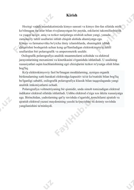 rgangan ("elektrokapillar effekti"). uning ta'kidlashicha, tomchi orqali oqimning kattaligi eritmaning tarkibiga bog'liq. ushbu g'oyani aniqlab, u simob tushadigan elektrodga tok kuchlanishiga bog'liqligini o'lchashga asoslangan usulni yaratdi. olingan bog'liqliklar, ya'ni oqim kuchlanishining egri yoki voltammogrammasi deb nomlangan eritma tarkibiga bog'liq bo'lib, eritmada mavjud bo'lgan iz elementlarini ham sifat, ham miqdoriy tahlil qilishga imkon beradi. 1936 yilda olimlarning eng yuqori mukofoti bo'lgan nobel mukofoti polarografiya usuli uchun berilgan. usul tamoyili suvli eritmada elektr tokining oqimi elektrolitik dissotsiatsiya natijasida hosil bo'lgan ionlarning harakati bilan bog'liq. oqim simob, boshqa metall va uglerod materiallari orqali - elektronlar harakati bilan. shuning uchun elektrod eritma interfeysida ion oqimining elektron oqimiga o'tishini ta'minlaydigan biron bir jarayon bo'lishi kerak, aks holda oqim ketmaydi. bunday jarayon elektrokimyoviy reaktsiya. reaksiya qilingan modda miqdori faraday qonuniga binoan, ya'ni elektrod orqali o'tadigan zaryadga mutanosib ravishda aniqlanadi. polarografiya moddalarni tahlil qilish va kimyoviy jarayonlar kinetikasini o'rganish uchun eng muhim elektrokimyoviy usullardan biridir. suvli eritmadagi …