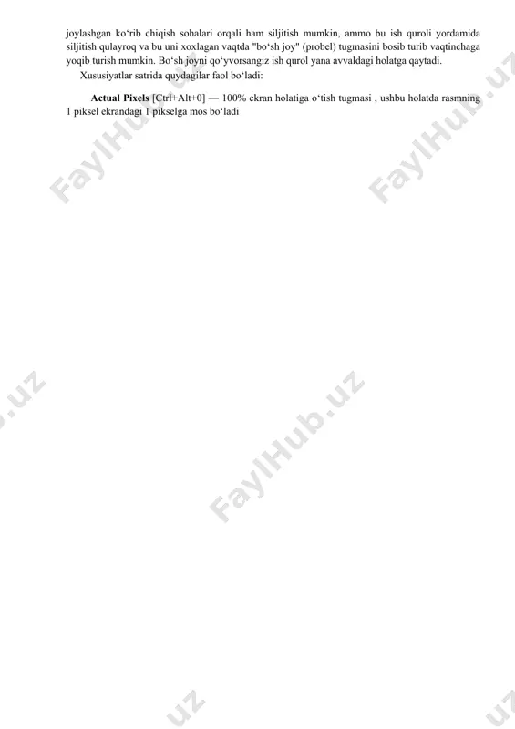 chizish. xususiyatlar satrida burchaklar radiusini o‘zgartirish so- hasi — radius paydo bo‘ladi. aylana — ellipse (ellips) — [u] — aylana chizish. ko‘pburchak — polygon (mnogougolnik) — [u] — ko‘pburchak chizish. ko‘pburchak tomonlarning sonini sides soha yordamida ko‘rsatish mumkin. chiziq — line (liniya) — [u] — to‘g‘ri chiziq chizish. chiziq qalinligini weight soha yordamida o‘zgartirish mumkin. maxsus shakllar — custom shape (proizvolnaya figura) — [u]‘ — har xil tayyor shakllar chizish. xususiyatlar satridagi shape sohasi yordamida kerakli shaklni tanlashimiz mumkin. xususiyatlar satrida quydagilar faol bo‘ladi: shakl chizilish holatini o‘zgartirish tugmalari(yangi qatlamda — create new shape layer, faqat yo‘l — create new work path, faol qatlamda — filled region) shakl turini tanlash tugmalari. shakl chizish yo‘llari (unconstrained — ixtiyoriy, square— teng tomonli, fixed size — ko‘rsatilgan xajmli, proportional — proporsiyali). layer style — rang bilan bo‘yash turi qo‘l — hand (ruka) — [h] — agar rasm ekranga to‘liq sig‘masa u holda bu …