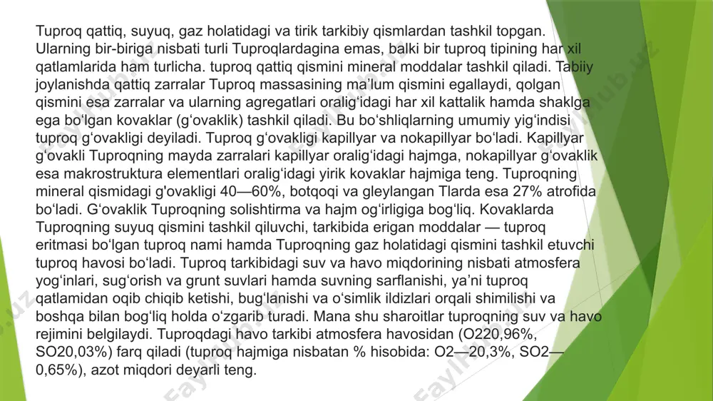 lish jarayonining rivojlanishiga uning davom etayotgan tabiiy sharoitlari, uning xususiyatlari va bu jarayonning rivojlanish yo'nalishi ularning u yoki bu kombinatsiyasiga bog'liq. bulardan eng muhimi tabiiy sharoitlar tuproq hosil bo'lish omillari deb ataladi: ota -ona jinslari, o'simliklar, hayvonot dunyosi va mikroorganizmlar, iqlim, topografiya va tuproq yoshi. tuproq hosil bo'lishining beshta asosiy omili (ularni dokuchayev ham atagan) endi suv (tuproq va er) va inson faoliyati bilan qo'shiladi. har doim etakchi qiymatga ega biologik omil, qolgan omillar faqat tabiatdagi tuproqlarning rivojlanishi sodir bo'ladigan fondir, lekin ular tuproq hosil qilish jarayonining tabiati va yo'nalishiga katta ta'sir ko'rsatadi. er yuzida mavjud bo'lgan barcha tuproqlar toshlardan vujudga kelgan, shuning uchun ular tuproq hosil bo'lish jarayonida bevosita ishtirok etishi aniq. eng muhimi kimyoviy tarkibi tosh, chunki har qanday tuproqning mineral qismi, asosan, ona jinsining bir qismi bo'lgan elementlarni o'z ichiga oladi. katta ahamiyatga ega shuningdek, jinsning granulometrik tarkibi, uning zichligi, g'ovakliligi, issiqlik o'tkazuvchanligi kabi omillar nafaqat tuproq …