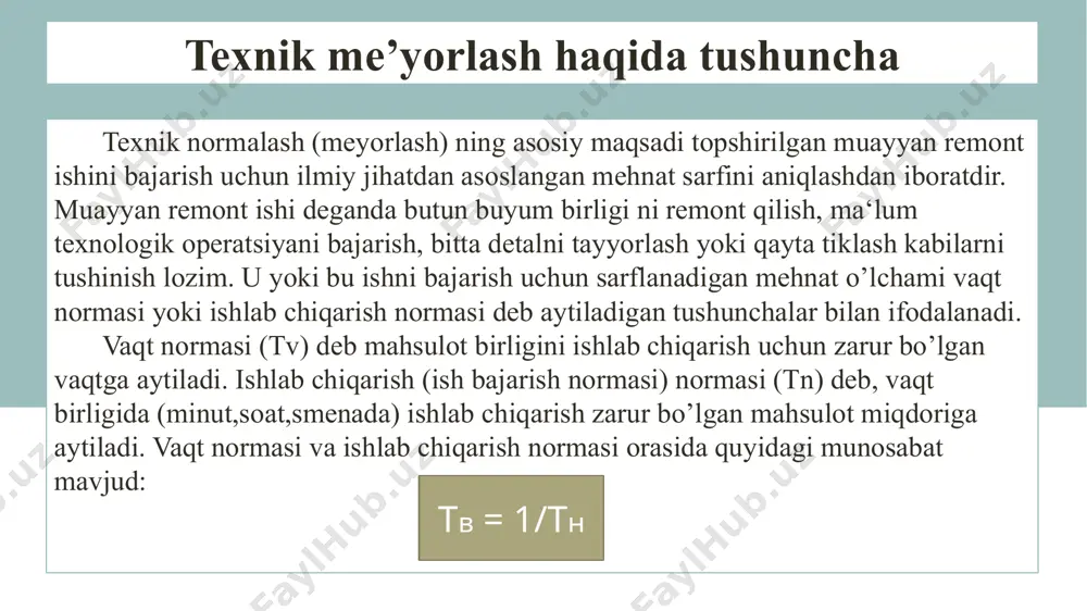g hisob izlanish usuli – qurilish yoki boshqa soha uchun me’yor normalarini o’rnatishning bir usuli bo’lib, bunda asosiy ish izlanishlar orqali amalga oshiriladi. masalan, yangi keltirilgan texnikalarni keltirilgan hududda ishlashi uchun normalarni o’rnatish uchun dastavval o’sha hududdagi muhitdan kelib chiqib hamda mashinaning texnik xarakteristikalaridan kelib chiqgan holda izlanishlar va hisob kitoblar olib boriladi va shu turdagi texnikalar uchun ushbu hudud sharoitidan kelib chiqgan holda me’yorlar ishlab chiqariladi. ishlab chiqilgan me’yoriy hujjatlar tegishli sohaning asosiy me’yoriy hujjati sifatida qo’llaniladi. texnik me’yorlashning hisob izlanish usuli qurilish va suv xo’jaligi sohasida qo’llaniladigan me’yoriy hujjatlar снип енир шнќ иқн ќмќ texnik me’yorlashning hisob izlanish usuli normativ hujjatlarda ko’rsatilgan tartibni qo’llash orqali ishning tannarxini aniqlash bilan bir qatorda ushbu tannarxni qisqartirish imkoniyatiga ham ega bo’lish mumkin. yuqorida ta’kidlab o’tilgan hujjatlarning amaliyotga tadbiq etilganiga ancha bo’lishiga qaramasdan ular haligacha qo’llab kelinmoqda bunga sabab esa ushbu hujjatlarning hozirgi kundagi ahamiyati yo’qolmaganidir. misol uchun снип hujjati qurilishda qo’llaniladigan …
