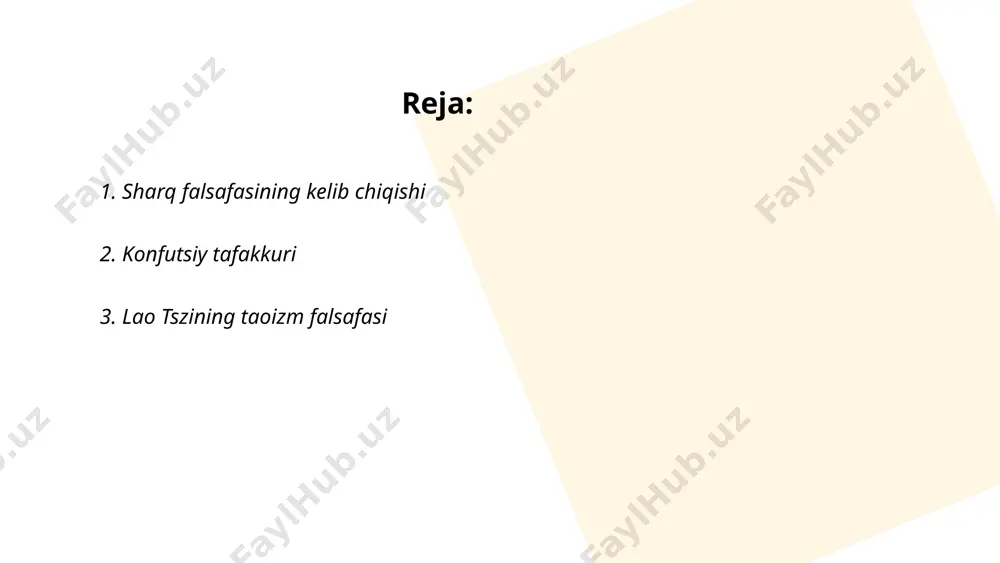 u falsafa asoschisi lao tse deb hisoblanadi. "tao te ching" asarida ta'kidlanishicha, taoizmning asosiy tushunchasi "tao" bo'lib, bu koinotning tabiiy holatini ifodalaydi. taoizm hayotning soddaligi va tabiiy oqimini tushunishga urg'u beradi. ushbu ta'limot ko'pincha ikki asosiy qismga bo'linadi: falsafiy taoizm va diniy taoizm. taoizm xitoy madaniyatiga katta ta'sir ko'rsatib, hududda qadimdan mavjud bo'lgan konfutsiylik bilan yonma-yon rivojlangan. ... t.me/slaydai_bot 4. zardushtiylik falsafasi zardushtiylik falsafasi qadimgi eron zardushtiylik diniga asoslangan bo‘lib, uning asoschisi zardusht (zoroastr) hisoblanadi. bu falsafaning markazida ahura mazda xudosi va yomonlikka qarshi kurash tushunchasi yotadi. zardushtiylikda olov muqaddas sanaladi va u poklikning ramzi sifatida qabul qilinadi. falsafa yaxshilik, yomonlik, poklik va axloqiy qadriyatlarni o‘z ichiga oladi. qadimgi eron va mesopotamiya madaniyatlariga ta'sir ko'rsatib, tarixda muhim o‘ringa ega bo‘lgan. zardushtiylik falsafasi o‘zining dualistik dunyoqarashi bilan zamonaviy dinlar va madaniyatlarga ta’sir ko‘rsatgan, bu orqali erishilgan tinchlik va adolat muhim qadriyatlar sifatida joylashgan. ... t.me/slaydai_bot buddaviylik, miloddan avvalgi vi asrda hindistonda …