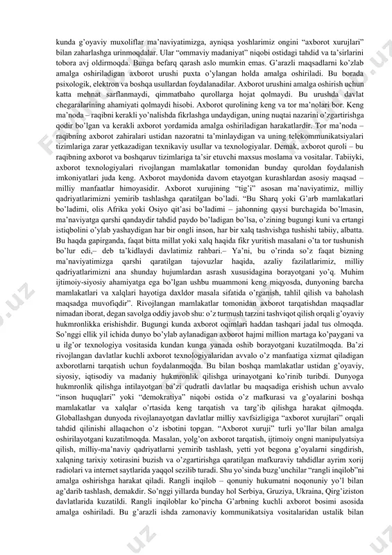 i saviyasi haminqadar gaplar, g’aliz jumla va iboralar tinglovchiga ma’naviy oziq berish o’rniga uning ongiga salbiy ta’sir ko’rsatishi mumkin. bundan ham yomoni: chetdan “axborot xuruji” qiluvchilar asosan radiodan “samarali” foydalanib kelayotganidan ko’z yuma olmaymiz. ayniqsa, “amerika ovozi”, “bi-bi-si”, “ozodlik”, “mashhad” kabi xorij radiolari, mustaqil davlatlar hamdo’stligiga kiruvchi ayrim respublikalar teleradiokanallari o’zbekiston haqida ko’pincha biryoqlama fikrlarga asoslangan axborot berishi va bu bilan uning tinglovchilari ongiga salbiy ta’sir o’tkazishga harakat qilayotgani sir emas. ular o’zlarini haqiqatparast qilib ko’rsatishga ustomon bo’ladilar. shu o’rinda “ayirmachilik bilan shug’ullanish hozirgi zamon jurnalistining ham, radiosining ham vazifalari doirasiga kirmasa kerak”. xorij radiosining o’zbekiston hayotiga oid har qanday “qog’ozga o’ralgan” axboroti zamirida qandaydir g’arazli maqsadlar yotganini to’g’ri anglamoq zarur. millionlab tomoshabinlar auditoriyasiga ega bo’lgan televideniye haqida ham shunday fikrlar aytish mumkin. ya’ni, ayrim teleko’rsatuvlarda “o’tib ketadigan” mantiqsiz gaplar, saviyasi haminqadar lavhalar tomoshabinga salbiy ta’sir ko’rsatishini izohlashga hojat yo’q. kecha-yu kunduz uzluksiz ko’rsatuvlar namoyish etiladigan kanallarda e’tiborga molik ko’rsatuvlar …