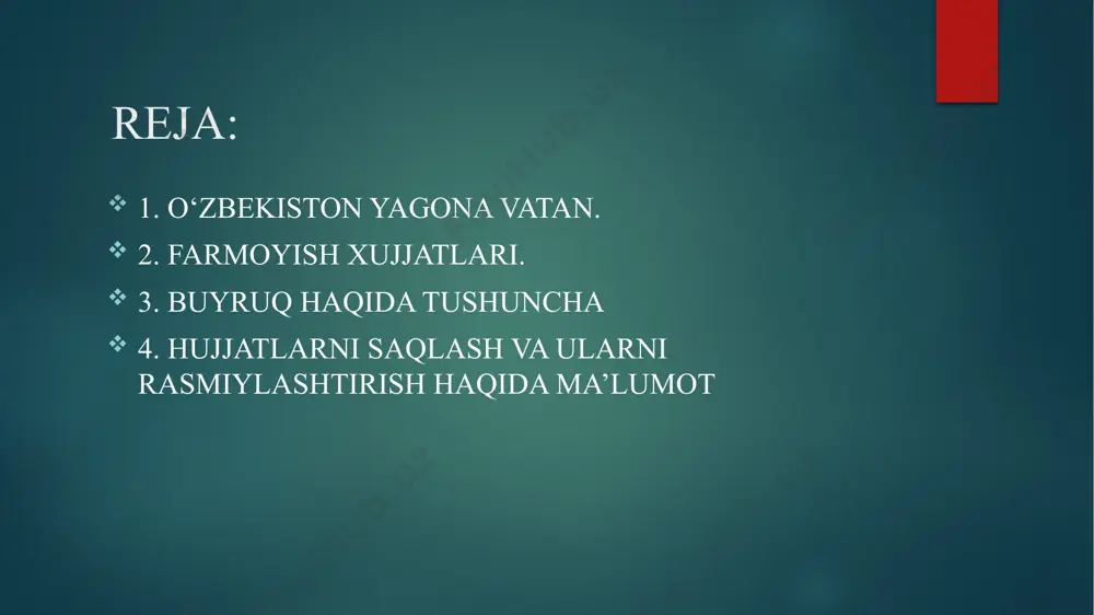 uqarolar tomonidan bajarilishi majburiy boʻlgan qarorlar va farmoyishlar chiqaradi». (oʻzbekiston respublikasining konstitutsiyasi, 98-modda). shuningdek, oʻzbekiston respublikasi oliy majlisining qonunchilik palatasi spikeri va senat raisi farmoyishlar chiqarishi konstitutsiyada koʻzda tutilgan. bundan tashqari, muassasa rahbarining yakka uzi tomonidan chiqariladigan huquqiy hujjatlar ham farmoyish hisoblanadi. farmoyish mansabdor shaxslarning muayyan aniq doirasiga moʻljallanib, uning amal qilish va bajarilish muddati belgilangan boʻladi. farmoyish bilan, odatda, shaxslar yuksak lavozimga tayinlanadi va lavozimidan ozod qilinadi, favqulodda yoki harbiy holat tartibi joriy etiladi, orden va medallar bilan mukofotlash amalga oshiriladi, oliy harbiy va faxriy unvonlar beriladi, umumnormativ xususiyatga ega boʻlgan qarorlar rasmiylashtiriladi. farmoyish namunasi farmoyish hujjatlari farmoyish hujjatlari rahbarlar tomonidan chiqariladigan hujjatlardir. farmoyish hujjatlariga buyruq, farmoyish, ko‘rsatma kiradi. farmoyish korxona ma’muriyati hamda bo‘limlar rahbarlari tomonidan amaliy masalalar yuzasidan qabul qilinadigan hujjatdir. odatda farmoyishlarda harakat muddati chеklangan bo‘lib uning kuchi bo‘limlarning tor doirasiga ayrim mansabdor shaxslar va fuqarolarga taalluqli bo‘ladi. farmoyishning matni xuddi buyruqniki singari zaruriy qismlardan tashkil topadi. …