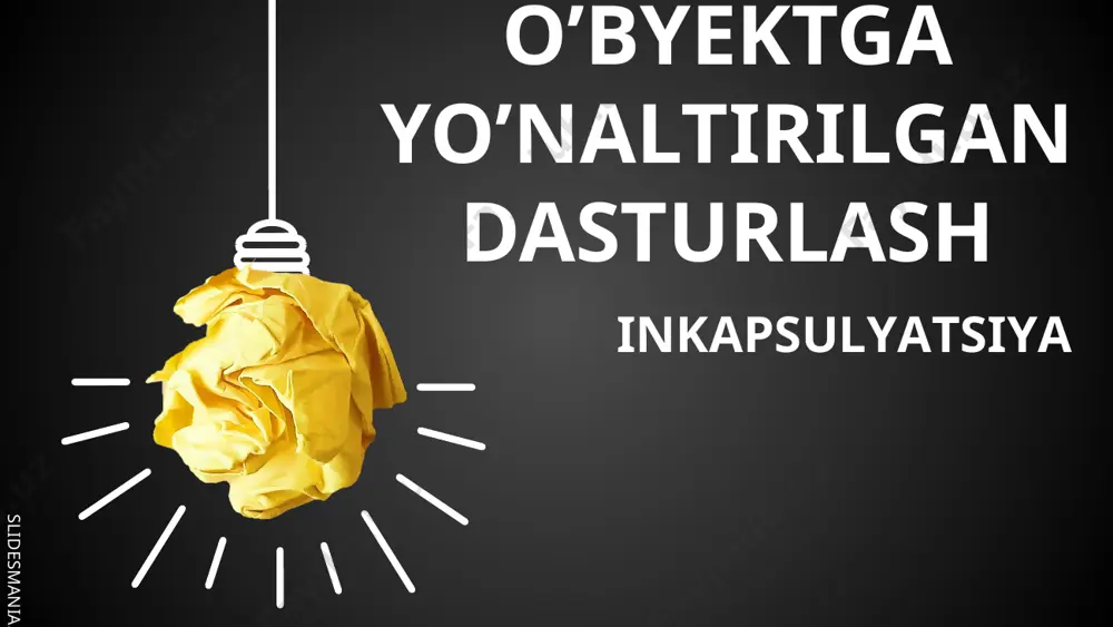 zo funktsiyasining doirasini ushbu ma'lumotlar a'zolariga kirish uchun ochiq qilish orqali erishish mumkin. inkapsulyatsiya ma'lumotlarni tashqi dunyo uchun ochiq bo'lmagan qiladi. inkapsulyatsiya slidesmania.com merosxo’rlik (vorislilik) meros-bu ikki sinfning bir-biri bilan aloqasi bo'lgan jarayon va bir sinf ob'ektlari boshqa sinfning xususiyatlari va xususiyatlariga ega bo'ladi. xususiyatlarni meros qilib olgan sinf bolalar sinfi, xususiyatlarini meros qilib olgan sinf esa ota-ona sinfi deb nomlanadi. masalan, sinf transport vositasi ota-ona sinfidir va sinf avtobusi, avtomobil va velosiped bolalar sinfidir. slidesmania.com sinf vositasi tashish uchun ishlatiladi xususiyatlari slidesmania.com #include using namespace std; class bobo { public: void pechat() { cout<<"meros (vorislilik) haqida!"<<endl; } }; class ota: public bobo { }; class bola: public ota { }; int main() { bola obyekt; obyekt.pechat(); return 0; } slidesmania.com polimorfizm polimorfizm-bu bitta vazifani turli usullar bilan bajarish jarayoni. c++ da polimorfizmga erishish uchun funktsiyani ortiqcha yuklash va funktsiyani bekor qilish ishlatiladi. slidesmania.com slidesmania.com slidesmania.com slidesmania.com sinflar va ob'ektlar …
