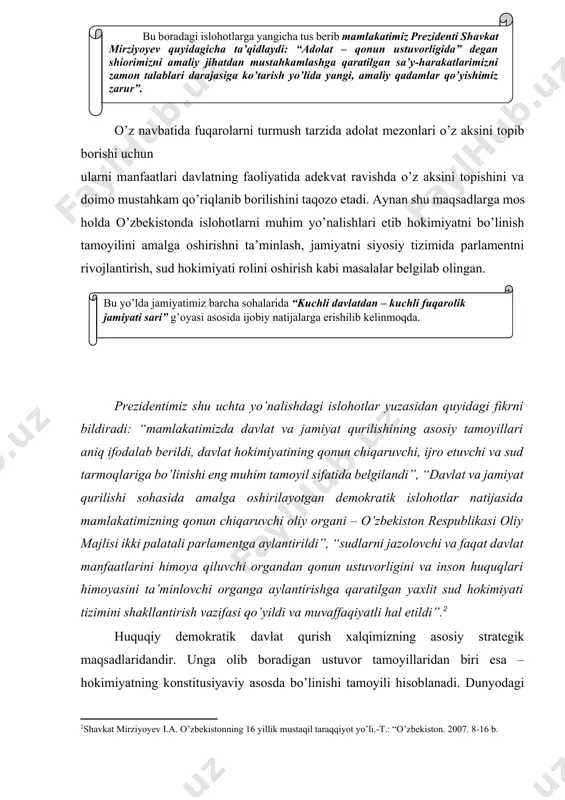 azilib, uning natijalariga ko’ra, ikki palatali parlamentni shakllantirish asosi yaratildi. 2002 yilning 27 yanvarida o’tkazilgan ana shu referendum natijalariga mos holda 2003 yil 24 aprelda o’zbekiston respublikasining konstitusiyaviy qonuni qabul qilindi. unga binoan konstitusiyaga tegishli tuzatish va qo’shimchalar kiritildi. parlament vakolatlarining kengaytirilishi, hukumat vakolatlari va mas’uliyati, hokimiyat turli tarmoqlarining bir-birini nazorat qilish mexanizmining kuchaytirilishi shular jumlasidandir. o’zbekiston respublikasi prezidentining oliy majlis palatalarining qo’shma majlisidagi “bizning bosh maqsadimiz – jamiyatni demokratlashtirish va yangilash, mamlakatni modernizasiya va isloh etishdir” nomli ma’ruzasida mamlakat ijtimoiy – iqtisodiy hayotining eng muhim masalalari, jumladan, hokimiyat bo’linishiga ham jiddiy e’tibor qaratildi. ma’ruzada “... boshqaruv sohasidagi eng muhim vazifa bu – qonunchilik hokimiyati bo’lmish parlamentning roli va ta’sirini kuchaytirish, hokimiyatning qonunchilik, ijro va sud tarmoqlari o’rtasidagi yanada mutanosib va barqaror muvozanatga erishishdan iborat[footnoteref:3]” ekani qayd etildi. [3: shavkat mirziyoyev. bizning bosh maqsadimiz – jamiyatni demokratlashtirish va yangilash, mamlakatni modernizatsiya va isloh etishdir. 13 –tom. – t.: “o’zbekiston”. 2019. …