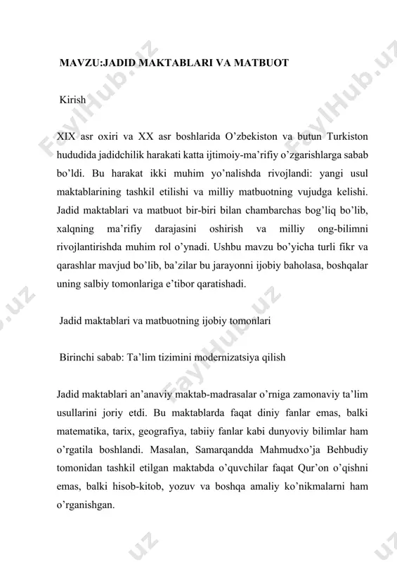 d maktablari va matbuotning salbiy tomonlari birinchi sabab: an’anaviy qadriatlarga putur yetkazish ba’zi tanqidchilarning fikricha, jadid maktablari an’anaviy diniy ta’limni zaiflashtirdi va g’arbiy madaniyatga moyillikni kuchaytirdi. an’anaviy ulamolar bu jarayonni xalqning o’z milliy-diniy ildizlaridan uzoqlashishi sifatida baholadilar. dalil: ko’plab an’anaviy din xizmatkorlari jadid maktablariga qarshi chiqib, ularni “bid’at” deb atashgan va aholi o’rtasida qarama-qarshilik paydo bo’lgan. ikkinchi sabab: ijtimoiy bo’linish yaratish jadid matbuoti va maktablari jamiyatda ikkiga bo’linish yaratdi: jadidlar va qadimiylar o’rtasida keskin qarama-qarshilik vujudga keldi. bu holat xalq ichida vahdat o’rniga tartibsizlik va nizolarni keltirdi. dalil: 1910-yillarda buxoroda jadid va qadimiy oqimlar o’rtasidagi ziddiyat shunchalik kuchaydiki, hatto zo’ravonlik holatlari ham ro’y bergan. shaxsiy fikr menimcha, jadid maktablari va matbuot tarihiy jihatdan ijobiy hodisa bo’lgan. garchi ba’zi salbiy tomonlari mavjud bo’lsa-da, uning xalq ma’rifatini oshirishdagi hissasi beqiyosdir. jadidchilik harakati orqali o’zbek xalqi zamonaviy ta’lim tizimi bilan tanishdi, milliy ongni mustahkamladi va mustaqillik g’oyalarini shakllantirdi. bugungi kunda ham jadid maktablarining …