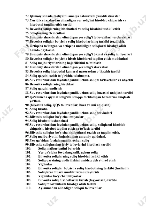 linadigan yer solig'i stavkalari. foyda solig'i bo'yicha imtiyozlar. 66. qimmatli qog'ozlar bilan repo va qarz operatsiyalari. 67. soliqlarning elementlari. 68. bevosita soliq hisobotlarini tuzish va taqdim etish tartibi. 69. soliq qarzi va soliq to'lovchining shaxsiy kabineti. 70. soliq hisobi va nazoratining mohiyati. 71. bevosita soliqlarning joriy to'lovlarini hisoblash hisobi. 72. ijtimoiy sohada faoliyatni amalga oshiruvchi yuridik shaxslar 73. yuridik shaxslardan olinadigan yer solig'ini hisoblab chiqarish va hisobotni taqdim etish tartibi 74. bevosita soliqlarning hisobotlari va soliq hisobini tashkil etish 75. soliqlarning elementlari 76. jismoniy shaxslardan olinadigan yer solig'i to'lovchilari va obyektlari 77. bevosita soliqlar bo'yicha soliq hisobotlarining tarkibi (tuzilishi). 78. ortiqcha to'langan va ortiqcha undirilgan soliqlarni hisobga olish hamda qaytarish 79. jismoniy shaxslardan olinadigan yer solig'i bazasi va soliq imtiyozlari. 80. bevosita soliqlar bo'yicha hisob-kitoblarni taqdim etish muddatlari 81. soliq majburiyatlarining bajarilishini ta'minlash 82. jismoniy shaxslardan olinadigan yer solig'i stavkalari 83. bevosita soliq hisobotini kameral nazoratdan oʻtkazish tartibi 84. soliq …