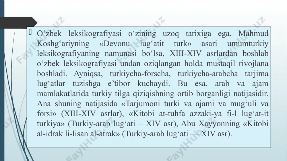 tonda boburiylar davrida badiiy adabiyotda turkiy tilning roli katta bo‘ldi. boburiylar ona tilini saqlab qolishga intildilar. bu tilda o‘zlarining go‘zal badiiy asarlarini yaratdilar. turkiy tilni o‘rganishga katta ehtiyoj turli lug‘atlarning yaratilishiga sababchi bo‘ldi. ana shunday ehtiyoj asosida abu muzaffar muhitdin avrangzeb (1658-1707-yillar) saroyida xizmat qilgan muhammad yoqub changiy «kelurnoma» asarini yaratdi. bu asar ikki xil lug‘atning ajoyib namunasidir. lug‘at 15 bobdan va 332 fasldan iborat. ulardan 14 bobi arab alfavita asosida joylashtirilgan 400 dan ortiq fe’llarni izohlashga bag‘ishlanadi. lug‘atda fe’llar quyidagi ko‘rinishda izohlangan: uyqulamoq uyquladi «xabid», uyqulaptur «xabida ast», uyqular «xoxad xobid», uyqulabdi «xobida bud», uyqulaydur «mixobad», uyqulamadi «naxobid», uyqulamaptur «naxobida ast», uyqulamas «naxaxad xabid», uyqulamabdi «naxabida bud», uyqulamaydur «namixabad, uyqula «baxob», uyqulama «maxob», uyqularbiz «mixabimma», uyqulamasbiz «namixobimma». «kelurnoma» o‘n to‘rt bobda 400 dan ortiq fe’lning yuqoridagi kabi turli xil shakllar paradigmasi beriladi. oxirgi 15-bob esa ismlar va yordamchilarni izohlashga qaratilgan. bu bob oldingi 14 bobdan tamomila farq qiladi. chunki …