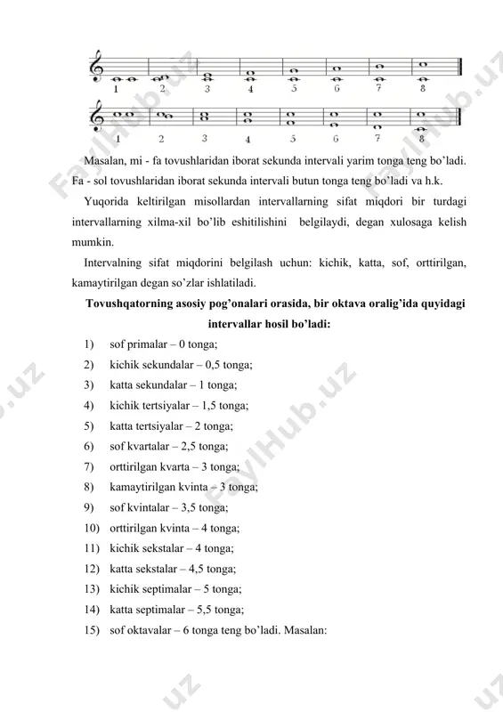lgan intervallar: a) yuqori pog’ona (cho’qqisi) ning ko’tarilishi natijasida hosil bo’lgan intervallar: b) pastki pog’ona (asosi) ning pasaytirilishi natijasida hosil bo’lgan intervallar: son miqdori turlicha va eshitilishi bir xilda bo’lgan intervallar engarmonik teng intervallar xe "энгармоник тенг интерваллар" \b deyiladi¹. engarmonik teng intervallar orasida son miqdori bir xil bo’lgan intervallar ham uchraydi, bunday hollarda taqqoslangan intervallardan birortasining ikkala tovushi engarmonik tovushlar bilan almashtiriladi: ¹ basic. music theory, 2001 y. 198-bet yuqoridagi intervallardan tashqari, biror intervalni ikkita xromatik yarim tonga orttirish natijasida ikki marta orttirish va pasaytirish natijasida ikki marta kamaytirilgan intervallar hosil bo’lishi mumkin. intervallarning aylanishi interval tovushlarining bir joydan ikkinchi joyga ko’chishi natijasida pastki tovush yuqoriga va yuqoridagi tovush pastga joylashadi, bunga interval aylanishi deyiladi. tovushlarning ko’chishi ikki yo’l bilan amalga oshirilishi mumkin: 1. interval asosini (pastki tovushni) bir oktava yuqoriga ko’chirish; 2. interval cho’qqisini (yuqori tovushni) bir oktava pastga ko’chirish. bunday aylanish natijasida yangi interval hosil bo’ladi: bunda …