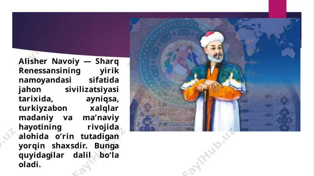 a» 5 dostondan iborat. bular «hayrat ul-abror» («yaxshilar hayrati»), «farhod va shirin», «layli va majnun», «sab’ayi sayyor» («yetti sayyora»), «saddi iskandariy» («iskandar devori») dostonlaridir. fors adabiyotidagi xamsachilikka javob sifatida o‘zbek tilida birinchi marotaba yaratilgan alisher navoiy «xamsa»si bu tilning cheksiz imkoniyatlarini amalda isbot etdi. «lison ut-tayr» — alisher navoiyning so‘nggi dostoni «xamsa»dan 14 yil keyin — 1498—99 yilda yaratilgan. bu asarini shoir «foniy» taxallusi bilan yozgan. chunki bu davrda uning hayoti keksalikka yuz o‘girgan, aniqrog‘i, bu dunyosidan ko‘proq u dunyosini o‘ylay boshlagan edi. mazkur asar bolaligida sevib o‘qigani — farididdin attorning «mantiq ut-tayr» («qushlar tili») dostoniga javob tarzida, shoirning o‘z ta’biri bilan aytganda, «tarjima rasmi bila» yuzaga keltirgan she’riy mo‘‘jizasi edi. «muhokamat ul-lug‘atayn»da turkiy tilning ijtimoiy-siyosiy va madaniy hayotdagi o‘rni, uning grammatik mukammalligi, so‘zlarga boyligi forsiy til qoidalari va hodisalariga qiyoslangan holda chuqur va aniq misollar orqali tahlil etilgan. alisher navoiy o‘zining bu tilni, uning jamiyat taraqqiyotidagi o‘rnini, so‘z va …
