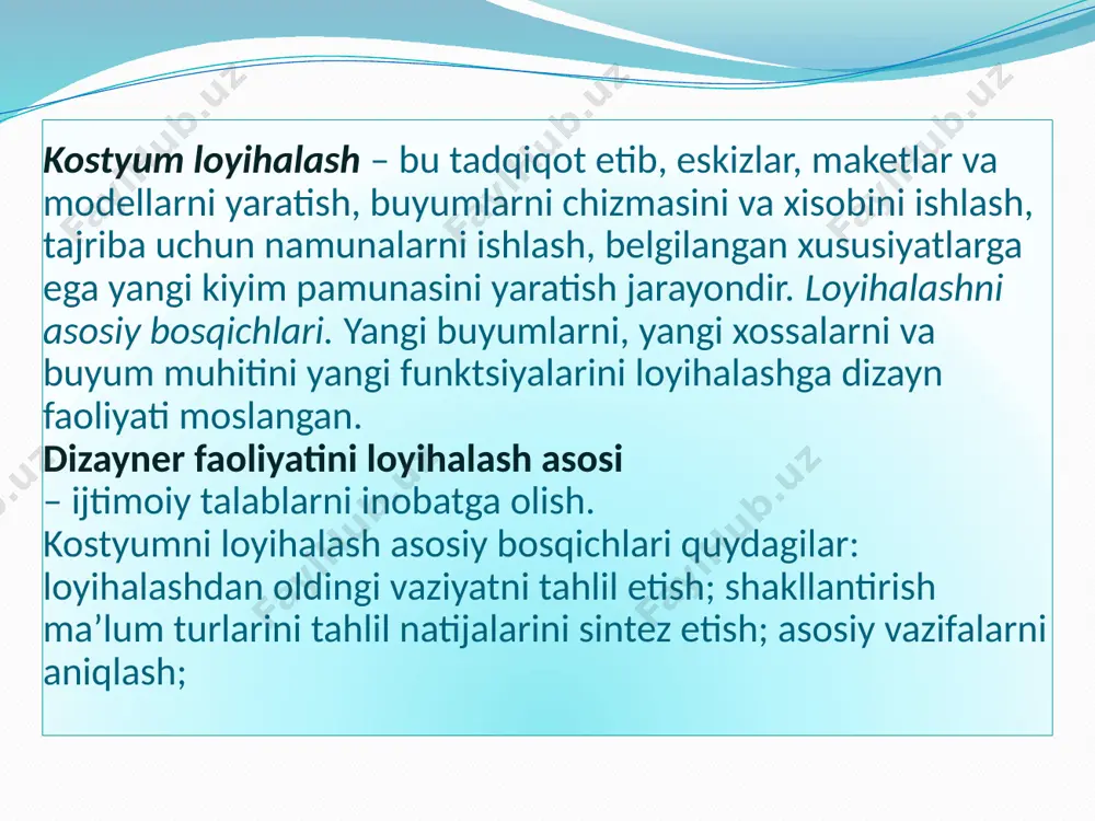 torlik dasturlari standart va shaxsiy o’lchamlar asosida nafaqat bazaviy asosni tuzishga, unga model xossalarini kiritishga imkon beradi, balki mavjud emas modelning hajmiy tasvirini modellashga ham imkon beradi. image2.png image3.jpeg image4.jpeg image5.jpeg image6.jpeg image7.jpeg