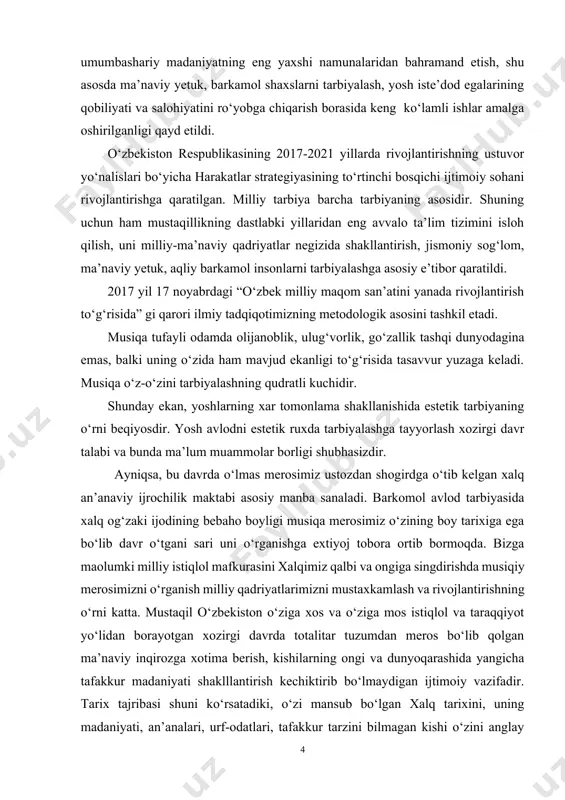 ni harakatga keltirishda muxim rol o‘ynaydi. mamlakatimizning ertangi kuni qanday bo‘lishi yoshlarning har tomonlama saloxiyati va yetukligiga bog‘liq. birinchi prezidentimiz i.a.karimov aytganlaridek, yosh avlod madaniyatimiz va ma’naviyatimizni, taraqqiyotining intelektual kadriyatlarini kelajak jamiyat a’zolarining ongiga yetkazadi. yoshlar bunday ma’suliyatli vazifani bajarishlari va ularning erkin rivojlanishi ijodiy bunyodkorlik faoliyatiga qulay imkoniyatlar yaratib berish uchun o‘zbekistonda katta amaliy ishlar qilinaya’ti. birinchi prezidentimizning vatan manfaatini mustaqillik manfaatini hamma narsadan yuqori qo‘yadigan, qalbida o‘ti va erk tuyg‘usi jo‘shib turgan, g‘ayratli bilimdon yosh kadrlar tayyorlashga aloxida eotibor berib kelayotganligi, ularga katta umid va ishonch bilan qarashi, qo‘llab-quvvatlashi bejiz emas. ‘rezidentimiz i.a.karimovning asarlaridagi bebaho nazariy qoidalar, dastur, yo‘l-yo‘riqlar, xalqimizning, ayniqsa yosh avlodning g‘oyaviy, siyosiy, ma’naviy maorifiy dunyoqarashini shakllantirish va faollashtirishda ahamiyati katta bo‘lgan donishmandlik namunasidir. ota-bobolarimiz bizga qoldirgan boy ilmiy meros, kelajak avlodning tafakkur, dunyoqarashini, milliy va umuminsoniy qadriyatlar asosida shakllantirib, ularning bunyodkorlik faolligini oshirishda mustaqillik poydevorini mustaxkamlashning asosiy garovidir. "xalqning ma’naviyati va madaniyati uning, haqiqiy tarixi …