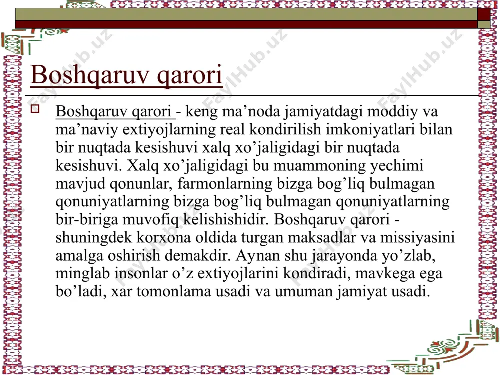n umumiy majlisda ishlab chiqariladi. bunday qarorlar ishlab chiqarishning baxoli savollarini ko’rib chiqishda qabul qilinadi. boshqaruv organi agar bunda teskari aloqa bo’lmasa yoki boshqaruv organi tomonidan qabul qilinmasa, boshqarilayotgan ob’ekt nazorat ostidan chiqishi hamda boshqarilmaydigan ob’ektga aylanishi mumkin. bu vazifa amalda boshqaruvning har bir elementi yoki bo’g’ini tomonidan ma’lum bir vazifani bajarishni ko’zda tutuvchi bir-biriga bo’ysinuvchanlik tizimi yordamida bajariladi mexnat turi bo’yicha qarorlar mexnat turi bo’yicha qarorlar standart va nostandart qarorlarga bo’linadi. standart, ba’zan dasturiy qarorlar - bu qarorlarning o’zini ishlab chiqish va uni qabul qilish jarayonidagi qarorlardir. dasturlash va uni qabul qilish jarayonidagi qarorlardir. dasturlash mumkin bo’lgan qarorlar orasida shunday standart bosqichga yetdiki, ularni matematik model shaklida tasvirlash mumkin. ya’ni exmning texnik ishiga ahamiyatiiyatli qismni kiritish imkoniyati tugiladi. nostandart qarorlar - bu eng murakkab, asosiy qarorlar. ґam qilinadigan muammoga ijodiy yondashish uchun kengligi bilan ajralib turadi. ijodiy qarorlar xar doim jadallik va yangilikda namoyon bo’ladi. birok nostandartlikning xaraqterini diqqat …