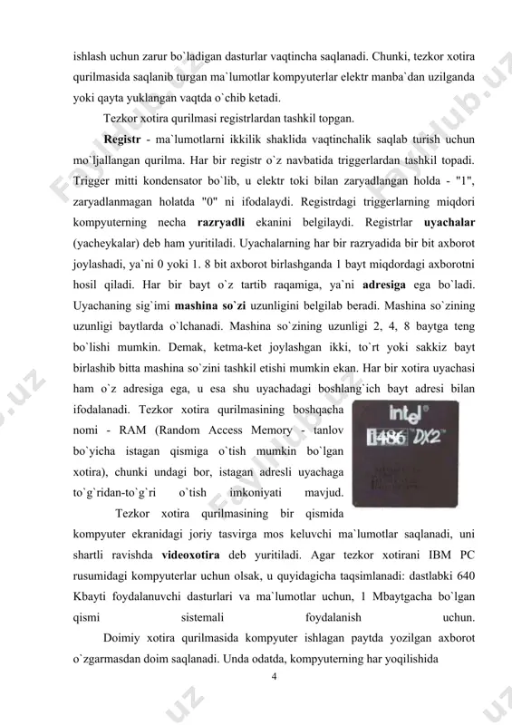 da uning barcha asosiy qurilmalarining sozligini tekshiruvchi dasturlar, diskyurituvchi, monitor, klaviatura qurilmalarining ishini boshqaruvchi dasturlar, operatsion sistema diskning qaysi joyida joylashganligi haqidagi axborotlar joylashgan bo`ladi. protsessor - kompyuterning asosiy qurilmasi. protsessor arifmetik va mantiqiy amallar bajaradi, xotira bilan bog`lanadi va barcha mahalliy qurilmalarning ishini boshqaradi. protsessorning asosiy ishi tezkor xotira qurilmasida joylashgan dasturdan navbatdagi buyruqni o`qish va bajarish, natijani yozib qo`yish hamda keyingi bajariladigan buyruqni aniqlashdan iborat takrorlanuvchi jarayon. dastur - kompyuter bajarishi lozim bo`lgan buyruq va ko`rsatmalarining izchil ketma-ketligi. bundan tashqari protsessor dastur mazmunidagi boshqarishni amalga oshirish, ma`lumotlarni zarur joydan o`qish, lozim joyga yozish, kerak joyga uzatish boshqa qurilmalarning izlanishini muvofiqlashtirish vazifasini ham bajaradi. demak, protsessor berilgan dastur va zarur malumotlar asosida odam aralashuvisiz kompyuterning avtomatik ishlashini ta`minlovchi qurilma ekan. zamonaviy kompyuterlarda protsessor vazifasini mikroprotsessor, ya`ni o`ta katta integral sxemalar bajarmoqda, u 10 mm kvadratdan ham kichik yuzada joylashgan yagona yarim o`tkazgichli kristalda (kremniy yoki germaniy) joylashgan millionlab mitti …