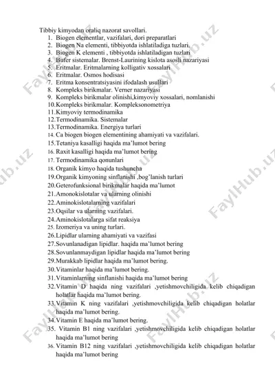 tibbiy kimyodan oraliq nazorat savollari — DOCX