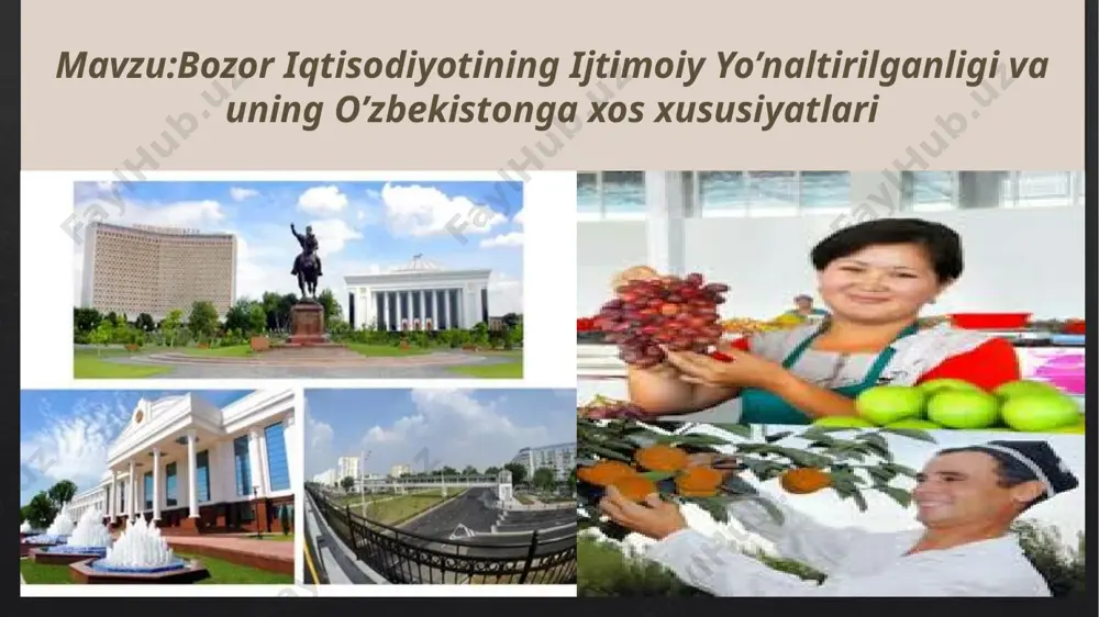 vval boshdanoq bozor mexanizmlarini, bunday vazifalarni hal qilidhi lozim bòlgan ijtimoiy sohaning davlat tomonidan boshqarilishi bilan biriktirilishini mòljalga olish ģoyat muhim. tub islohotlar davrida ijtimoiy bozor islohotlari doirasida iqtisodiy rivojlanishning yangi metod hamda vositalarini ishlab chiqish va amalga oshirish ham muhimdir. barcha hokimyat tuzilmalari ijtimoiy siyosatning ishlab chiqilishi va amalga oshirilishida hamda odamlarning barcha faolyatlari, jumladan, mehnat faolyatlari uning ijtimoiy mazmunidan kelib chiqib baholanishida davlatning rolini faollashtirishga yònaltirilishi kerak jahon iqtisodiy taraqqiyotida ijtimoiy omillar “faqatgina biz tanlagan bosqichma-bosqich, tadrijiy rivojlanish yo’li xalqimiz ko’zlagan ezgu niyatlarga erishishga, zamonaviy demokratik talablarga javob beradigan davlat, inson manfaatlari, huquq va erkinliklari eng oliy qadiryat bo’lgan qonun ustuvorligini ta’minlaydigan jamiyat barpo etishga oolib kelishi muqarrar. buni hayotning o’zi isbotlab bermoqda” islom karimov “o’zbek modeli” dunyo tan olgan iqtisodiy yo’nalish o’zbekiston respublikasida ijtimoiy yo’naltirilgan bozor iqtisodiyotini tubdan isloh qilishga birinchi prizidentimiz tomonidan ishlab chiqarilgan quydagi beshta muhim tamoyil asos qilib olingan. 1 2 3 4 5 …