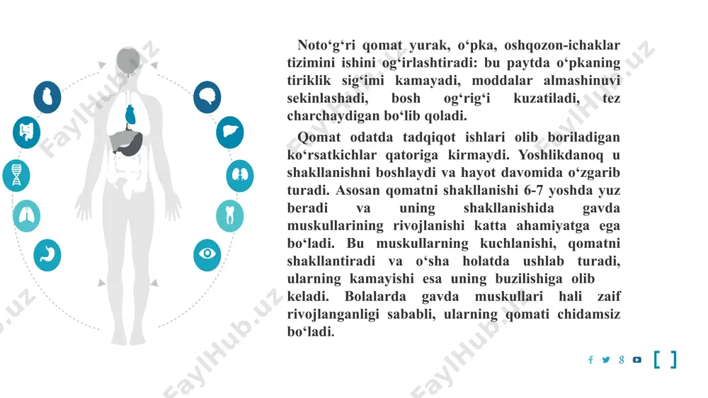 ashlab, qo‘llarini yon tomonlarga silkitib, lapanglab yuradi, chunki yurgan vaqtda tanasining og‘irligi oyoq yuzasiga baravar taqsimlanmasligi natijasida tovon-kaft muskullari tez charchaydi va ularda og‘riq seziladi. e’tiboringiz uchun katta rahmat image2.jpeg image3.jpeg image4.jpeg image5.png image6.jpeg image7.png