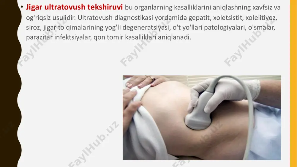 vaqt mobaynida grafik shaklda o'rganiladi. radionuklid usulni jigar uchun 2 uslubi bor – 1) gepatobilistsintigrafiya (radioaktiv modda gepatotsitlarda yig’iladi) va tasvirda jigar, o't qopi va ingichka ichak ko'rinadi, bevosita o't hosil qilish va chiqarish funktsiyasi o'rganiladi, o't qopi evakuatsiya funtsiyasini o’rganish mumkin. 2) gepatostsintigrafiya (radioaktiv modda kupfer hujayralarida yig’iladi) tasvirda normada faqat jigar ko'rinadi, patologiyada + taloq, bevosita jigarni himoya/barer funktsiyasi o'rganiladi. taloq normada ko'rinmaydi chunki unda kupfer hujayralar miqdori jigarga nisbatan 15 baravar kam, patologiyada bu nisbat taloq tomonga siljishi va taloq ko'rinishi mumkin. • stsintigrammalarda patologiya mezonlari. • 1) jigarda yig’ilish vaqti (normada 15 min, surunkali diffuz kasalliklarda > 20-25 min). • 2) jigarda yig’ilish rasmi – normada bir tekis (o'rtada ko'proq), patologiyada orolsimon. • 3) gepatostsintigrafiyada taloq ko'rinishi • 4) jigarning o’lchami, shakli, joylashishi, konturlari o'zgarishi (yaxshi ko'rinmaydi) angiografiya. avval jigar tuzilmalari differentsial tashxisi uchun ko'llanilar edi, kt va mrt keng ko'llanishidan so'ng bu sohada o'z ahamiyatini …