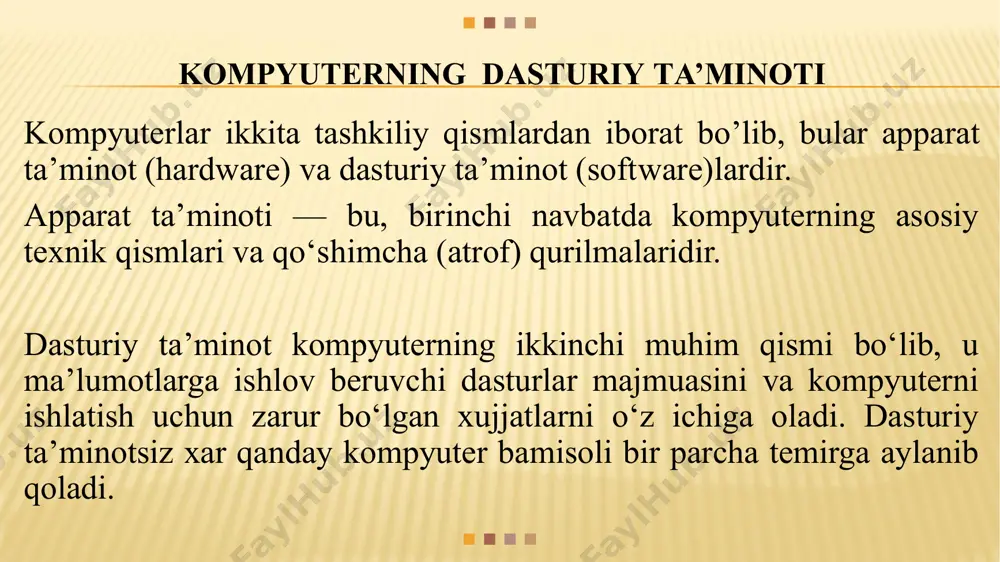 asturlar; skaner yordamida o`qilgan axborotni tanib oluvchi va matnli ifodaga binoan o`zgartiruvchi dasturiy vositalar; tarmoqdagi uzoq masofada joylashgan abonent bilan foydalanuvchi orasidagi o`zaro muloqotni tashkil etuvchi kommunikatsion dasturlar. kichik nashriyot tizimlari «kompyuterli nashriyot faoliyati» axborot texnologiyasini ta’minlaydi, matnni bichim solish va tahrirlash, avtomatik ravishda betlarga ajratish, xat boshlarini yaratish, rangli grafikani matn orasiga qo`yish va hokazolarni bajaradi. multimedia dasturiy vositalari dasturiy mahsulotlarning nisbatan yangi sinfi hisoblanadi. u ma’lumotlarni qayta ishlash muhitining o`zgarishi, lazerli disklarning paydo bo`lishi, ma’lumotlarning tarmoqli texnologiyasining rivojlanishi natijasida shakllandi. sun’iy intellekt tizimlari. bu sohadagi izlanishlarni to`rt yo`nalishga bo`lish mumkin: bu yo`nalish sun’iy tafakkur mashinalari (beshinchi avlod ehmlari)ni yaratish muammolarini o`rganadi. intellektual robotlar. bu yo`nalish oldindan qo`yilgan manzil va maqsadga erisha oladigan intellektual robotlar avlodini yaratish muammolari bilan shug`ullanadi. hozirgi paytda dasturlash texnologiyasining uskunaviy vositalarini yaratish bilan bog‘liq yo‘nalish tez sur’atlar bilan rivojlanmoqda. bunday uskunaviy vositalar dasturlar yaratish va sozlash uchun quvvatli va qulay vositalarni tashkil etadi. ularga …