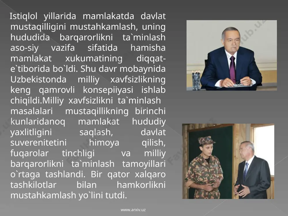 timoiy-siyosiy jarayonlar yo`nalishini butunlay yangi o`zanga burib yuborish lozim edi. www.arxiv.uz www.arxiv.uz buni prezident i. karimov o`zbekiston rahbari sifatida qis qila oldi va jahon siyosiy maydonida har to-monlama asoslangan xavfsizlik tamoyillarini o`rtaga tashladi. o`zbekiston o`z mustaqilligining tarixan juda qisqa davrida jahon siyosatiga salmokli ta`sir o`tkazdi. jahon siyosati yo`nalishlarida uning o`ziga xos tamoyillari, yondoshish usuli, ijtimoiy-siyosiy jarayonlar borishini yo`naltirib turishdagi uslubi vujudga keldi. buni qo`shni mamlakatlardagi vaziyat bilan qiyoslash asosida yaqqolroq ko`rish mumkin. www.arxiv.uz www.arxiv.uz birinchidan, 90 yillarning birinchi yarmida bir qator mustaqil davlatlarda siyosiy «o`yin»lar, turli darajadagi bahsu munozaralar sun`iy ravishda avj oldirib yuborildi. demokra-tik jarayonlarni chuqurlashtirish shiori ostida asosiy maqsaddan chekinish - mustaqillikni mustahkamlash, umumxalq va umumiy davlat manfaati yo`lida birlashib kurashish o`rniga tarqoklikka yo`l ochib berildi. bir qator mamlakatlarda esa hatto ichki ziddiyatlar kuchayib ketdi. turli guruxlarning jaholatga qorishgan xudbinliklari, manfaatparastligi umumiy mamlakat manfaatlaridan g`olib keldi. natijada fuqarolar urushlari kelib chiqdiki, uning asoratlarini tugatish uchun yillar kerak bo`lardi. …