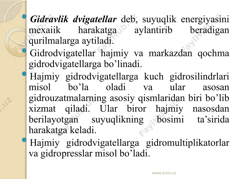 lgan hollarda qo’llaniladi. www.arxiv.uz radial-o’qiy turbinalarda oqimcha yo’naltiruvchi apparatdan g’ildirak o’qiga tik yo’nalishda chiqib, ish gildiragida o’z yo’nali-shini 90°ga o’zgartiradi va g’ildirakdan chiqib, so’rish trubasiga kirishda o’q yo’nalishida harakat qiladi. bunday turbinalar bosim 50... 700 m bo’lgan hollarda qo’llaniladi. www.arxiv.uz oqimchali turbinalarda esa oqimcha turbina g’ildiragining cho’michiga eng ko’p reaktiv kuch beradigan qilib yo’naltirilgan bo’ladi. bu turbinalar bosim 400... 1700 m bo’lgan hollarda qo’llaniladi. turli turbinalarning bosimi uchun yuqorida ko’rsatilgan chegaralar shartli bo’lib, bosimning kamayishi yoki ko’payish tomonga o’zgarib turish hollari uchrashi mumkin. www.arxiv.uz 4. turbinalar konstruktiv belgilariga qarab to’rt turga bo’linadi: 1) radial-o’qiy; 2) propellerli; 3) burilma kurakli; 4) cho’michli. www.arxiv.uz aktiv turbinalar aktiv turbinalar xix asrda qo’llanila boshlagan, bu turbinalarning ishlash prinsipi gidravlik oqimchalarning turbina ish g’ildiragi cho’michlariga ta’sir qilishiga asoslangan bo’lib, ularni oqimchali turbinalar deb ham atash mumkin. ularda oqimchaning kinetik energiyasi cho’michga va u orqali ish g’ildiragiga beriladi. aktiv turbnnalarda ish g’ildiragi kuraklarning hammasi emas, balki …