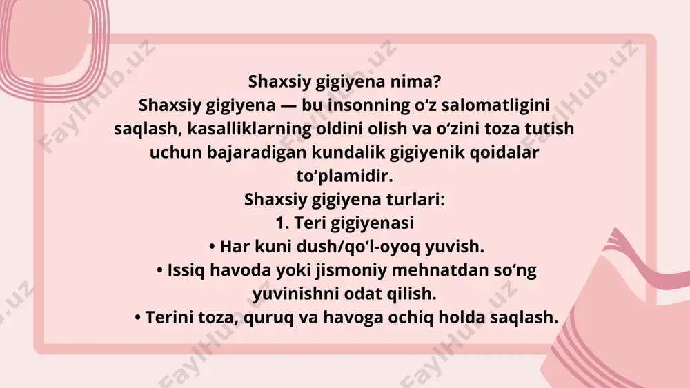 alari • kasalliklardan himoya • o‘ziga ishonch • toza va salomat tana • ijtimoiy muloqotda qulaylik e’tiborsizlik oqibatlari • teri kasalliklari • tish chirishi, og‘izdagi muammolar • zamburug‘lar va yallig‘lanish • salbiy hid va psixologik noqulaylik shaxsiy gigiyenaga amal qilmaslik oqibatlari: • teri kasalliklari (issiqlik toshmasi, qichishish, yiringli yallig‘lanish). • og‘izdagi kasalliklar (tish kariesi, milk yallig‘lanishi). • ichki infeksiyalar. • badbo‘y hid va noqulaylik hissi. • ijtimoiy muammolar (atrofdagilar bilan muloqotda noqulaylik). foydalanilgan adabiyotlar: 1. karimov s., jo‘raev a. va boshqalar. “umumiy gigiyena” – o‘zbekiston tibbiyot akademiyasi nashriyoti, 2020. 2. yo‘ldoshev a.y. “tibbiyot gigiyenasi asoslari” – toshkent, 2019. 3. sultonov a. “shaxsiy gigiyena va salomatlik” – toshkent, o‘qituvchi, 2018. 4. o‘zbekiston respublikasi sog‘liqni saqlash vazirligi materiallari (www.ssv.uz) 5. jahon sog‘liqni saqlash tashkiloti (jsst/who) “personal hygiene guidelines”, www.who.int, 2022. thank you image1.png image2.svg image3.png image4.svg /docprops/thumbnail.jpeg