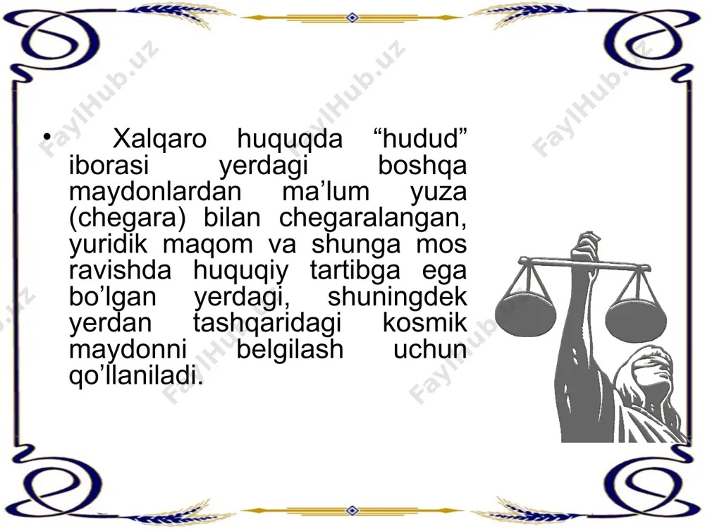 askur hududda ushbu davlatning ustuvorligi davlat hududining asosiy belgilari hisoblanadi. xalqaro huquq subekti xalqaro rejimdagi hududlar deganda, dvlat hududi chegarasidan tashqarida bo’lgan aloxida olinganda, hech qaysi bir davlatga tegishli bo’lmagan va xalqaro huquqqa muvofiq barcha davlatlar tomonidan umumiy foydalanadigan maydonlar tushuniladi. bu tur hududlarga, eng avvalo ochiq dengiz, uning ustidagi havo maydoni hamda kontental shelf doirasidan tashqaridagi chuqur dengiz tublari kiradi. aralash rejimga ega bo’lgan hududlarga kontental shelf va iqtisodiy zonalar (mintaqa) kiradi. ushbu hududlar milliy davlatlar suvereniteti ostida bo’lmaydi va davlat hududi tarkibiga kirmaydi. biroq qirg’oq bo’yi davlatlari kontental shelьf va iqtisodiy dengiz zonasiga tutashib turgan maydonlarda foydali qazilmalarni izlab topish va ularni qazib olish ushbu hududlarda tabiiy muhitni himoya qilishga nisbatan suveren huquqlarni saqlab qoladi. sub'yektlarning turlari. davlatlarning huquqiy sub'yektivligi. hudud har qanday davlatning moddiy asosi bo’lib xizmat qiladi, uning mavjudligining muhim sharti hisoblanadi. barcha tabiiy zaxiralar davlat hududining tarkibiy qismlari hisoblanadi. modomiki, hudud to’liq daxlsiz ekan, demak …