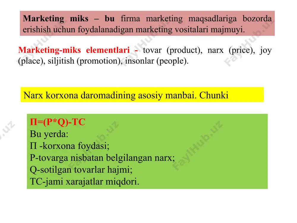 hta gurux omil natijasida shakllanadi talab omillari harajat omillari raqobat omillari narx belgilash usullari narx belgilash usullari sarf xarajatlar raqobatchilar marketing yangi tovarlar uchun narx strategiyalari “qaymogini olish” strategiyasi arzon narxlar qimmat narxlar “kirib olish” strategiyasi 3. marketingda narx siyosatining mohiyati, maqsadi va vazifalari narx siyosatining eng tipik asosiy vazifalari l) sotuvni ta’minlash, korxonaning omon qolishi. ushbu maqsad yuqori raqobat sharoitida ishlaydigan har qanday firma uchun, ya’ni. bozorda shunga o‘xshash mahsulotlarga ega bo‘lgan ko‘plab ishlab chiqaruvchilar mavjud boiganda, u asosiy hisoblanadi. 2) ko’paytirish, rentabellik darajasini oshirish bozor tez o‘zgarib boradi va shunga ko‘ra, har bir mahsulot ham o‘z yashash davrini ham o‘taydi. shu vaqt davomida firmalar doimo narxlarga o‘zgartirishlar kiritadi. yangi mahsulotga narx belgilash eng jiddiy bosqichlardan biridir. yangi mahsulotni ishlab chiqarish bilan bog‘liq xarajatlar bozordagi talab darajasi, raqiblar harakati hali yetarli darajada ma’lum emas. narx belgilashning qiyinligi, muayyan darajada mahsulotning yangiligi darajasiga ham bog‘liq. bu daraja esa uchga bo‘linadi: …