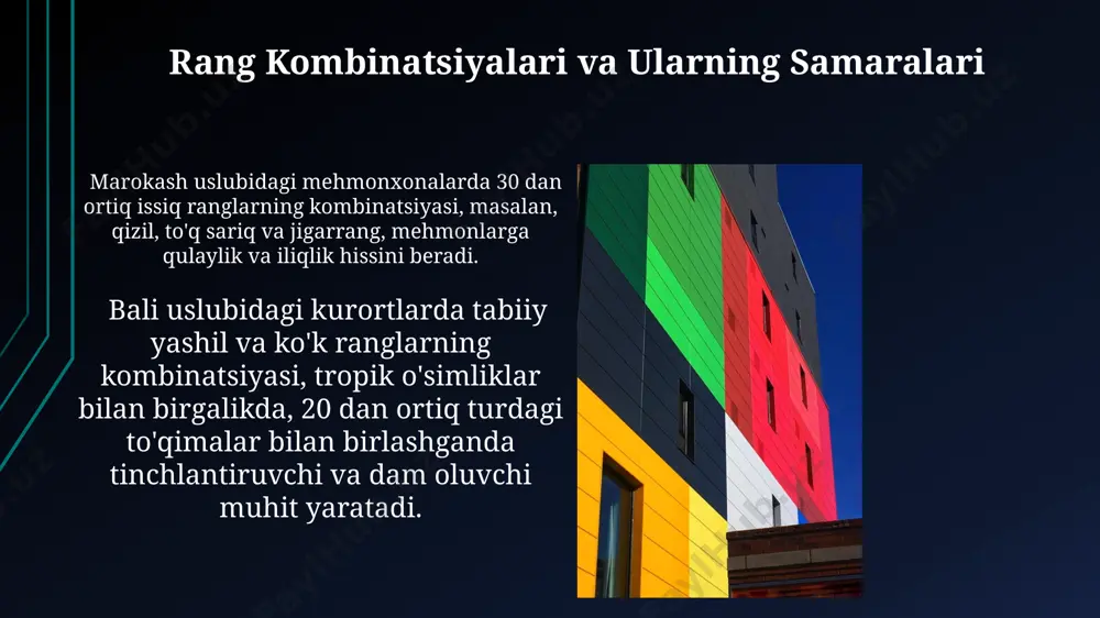 rang ranglar bilan birga, 15% gacha zamonaviy yorqin aksanlarni qo'shish orqali yangi hayot baxsh etmoqda. mehmonxona atmosferasini yaratuvchi ranglar sovuq ranglarning (ko'k, yashil) 70% dan ortiq foizda ishlatilishi, masalan, buxoroning zamonaviy mehmonxonalarida, xonalarning vizual hajmini kattalashtirib, keng va yorug' ko'rinish hosil qiladi. issiq ranglar, masalan, sariq va to'q qizil, o'zbekistonning samarqand shahridagi an'anaviy mehmonxonalarda 20-30% miqdorida ishlatilib, issiq va quvnoq muhit shakllantirishga yordam beradi. ranglarning markaziy foydalanish o'zbekistonning samarqand shahridagi mehmonxonalarda 30 dan ortiq turli ranglarning muvozanatli kombinatsiyasi, mijozlarning kayfiyatini va dam olishni yaxshilash uchun qo'llaniladi. dunyoning turli burchaklaridagi 5 yulduzli mehmonxonalarning 90 foizida, ko'k va yashil ranglarning tinchlantiruvchi ta'siri, mehmonlarga xotirjamlik va osoyishtalik muhitini taqdim etish uchun muvaffaqiyatli qo'llaniladi. ranglarning mehmonxona dizaynida rolini tashkil etish mehmonxona interyerlarida to'q ko'k rang (pantone 19-3938) kabi sovuq ranglarning qo'llanilishi, ayniqsa, 5 yulduzli mehmonxonalarning dam olish zonalarida, mijozlarning tinchlanishi va xotirjamlik hissiyotini kuchaytirishga yordam beradi, masalan, dubaydagi burj al arab mehmonxonasida. qizil rang …
