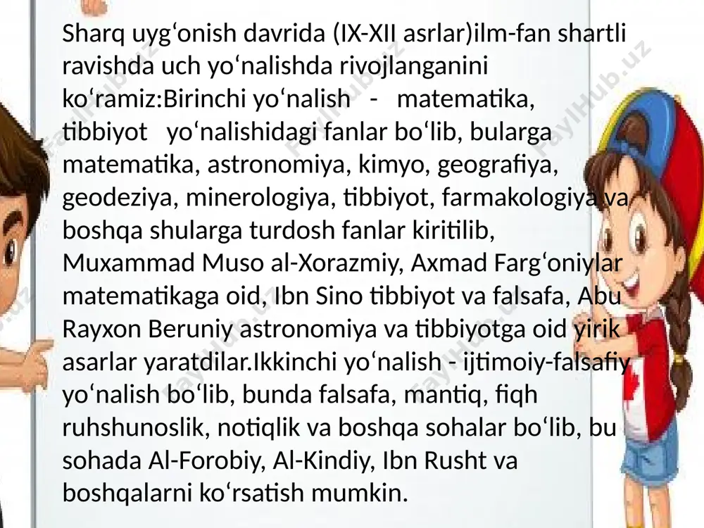 ing bayramlarini belgilash» kabi asarlari bilan fan sohasiga juda katta hissa qo‘shdi. abu ali ibn sino (980 – 1037).buxoro shaxri yaqinidagi afshona qishlog‘ida kichik amaldor oilasida dunyoga keladi. yirik asarlari «tib konunlari», «ash-shifo» ibn sino fanning turli sohasiga oid 450 dan ortikasar yaratadi. lekin bizgacha 250 ga yakini yetib kelgan bo‘lib, ulardan 50 dan ortik qo‘l yozmalari o‘zbekiston fanlar akademiyasi abu rayxon beruniy nomidagi sharqshunoslik institutining kitob fondida saqlanib kelmokda. u ta'lim-tarbiyaga oid bo‘lgan quyidagi asarlarni yaratgan. amasalan: «tadbir al-manozil» (turar joyni boshkarish), «axloq haqida risola», «burch hakida risola», «nafsni pokiza tutish», «badanni boshkarish», «adolat hakida kitob», «al-konun», «ishq hakida risola», «xay ibn-yakzon», «nomozning mohiyati haqida risola», «ziyorat kilishning ma'nosi hakida», «an-najot», «ash-shifo», «donishnoma» kabi asarlari bilan ilm-fanga hissa ko‘shgan buyuk allomadir. shuning uchun ham sharqda unga, "shayx ur-rais" - ya'ni olimlarning olimi degan yuksak unvon berilgan.shuningdek alloma farosat ilmi ya'ni mantiq ilmi haqida ham fikr aytadi.,,farosat ilmi foydasi naqd …