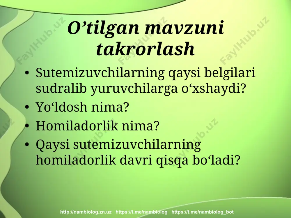 n tortib, juda yirik fillargacha bo‘lgan xilma-xil sutemizuvchilar, shu jumladan, deyarli barcha xonaki hayvonlarni o‘z ichiga oladi. http://nambiolog.zn.uz https://t.me/nambiolog https://t.me/nambiolog_bot hashorotxo’rlar turkumi quruqlikda va tuproqda yashaydi. faol va kamfaol xayot kechiruvchi hayvonlar. oyoqlari kalta. tumshug’i uzun. tishlari yaxshi rivojlanmagan. miyasi kuchsiz rivojlangan. ko’rish qobiliyati past. bolalari jish va ko’zi yumuq xolda tug’iladi. http://nambiolog.zn.uz https://t.me/nambiolog https://t.me/nambiolog_bot xashorotxo’rlarning turlari yerqazir vixuxol tipratikan krot http://nambiolog.zn.uz https://t.me/nambiolog https://t.me/nambiolog_bot qo’lqanotlilar turkumi havoda uchishga moslashgan. hayoti tunda faollashadi. tanasi tukchalar bilan qoplangan. oldingi oyoqlari suyaklari orasiga, orqa oyoqlari va tanasining ikki yoniga yupqa parda tortilgan. ko’zlari ojiz, yaxshi ko’rmaydi. akssado qabul qilish va havoda mo’ljal olishga moslashgan. bolalari jish va ko’zi yumuq tug’iladi. http://nambiolog.zn.uz https://t.me/nambiolog https://t.me/nambiolog_bot qo’lqanotlilarning turlari ushan sariq shomshapalak ko`rshapalak uchar tulki http://nambiolog.zn.uz https://t.me/nambiolog https://t.me/nambiolog_bot kemiruvchilar turkumi yer ustida, yer ostida va suv to’g’onlarida yashaydi. kurak tishlari yaxshi rivojlangan va emal bilan qoplangan. butun xayoti davomida o’sadi. dumi: uzun, ingichka va tekis. juda serpusht. …