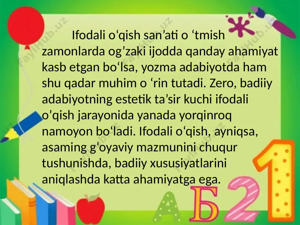 adi. normal to`xtam nutqning hajm va ohang jihatidan bi- biriga teng qismlari orasidagi to`xtalishdir. normal to`xtam she’riy nutqda ko`zlagan mazmunni ohangni yuzaga chiqarishda muhim ahamiyatga ega. tobe to`xtam tobe to`xtam sintaktik tobelik munosabatini ifodalaydi. odatda, ergash gaplar tobelik to`xtami orqali bosh gapdan ajratiladi: kimning aravasiga o`tirsang, o`shaning qo`shig`ini ayt. ogohlantiruvchi to`xtam. o`zidan keyin nutqqa yangi qism kiritilishini ko`rsatish uchun xizmat qiladigan to`xtam ogohlantiruvchi to`xtam deb yuritiladi. yozuvda bunday to`xtamni ko`rsatish uchun ikki nuqta qo`yiladi: bir qaraysan: bog`u ko`lda qayiqlar suzar, qayrag`ochlar soyalarin suvlarga cho`zar. ajratuvchi to`xtam. nutqda ishtirok etuvchi sintaktik birliklarni bir-biridan farqlashni ifodalaydigan pauza ajratuvchi to`xtam deyiladi. bu to`xtam ikki xil. 1. sintaktik birliklarni ajratuvchi to`xtam. 2. gaplarni ajratuvchi to`xtam (misollar she’riy yoki nasriy asarlar yordamida keltiriladi). kesim to`xtami predikativlik aloqasini ifodalovchi to`xtam kesim to`xtam deyiladi: uning otasi – tadbirkor. birlashtiruvchi to`xtam. o`rnida biriktiruvchi bog`lovchilarni qo`shish mumkin bo`lgan to`xtam birlashtiruvchi to`xtam deyiladi. image1.jpg image2.jpg image3.jpg image4.jpg image5.jpg image6.jpg image7.jpg …